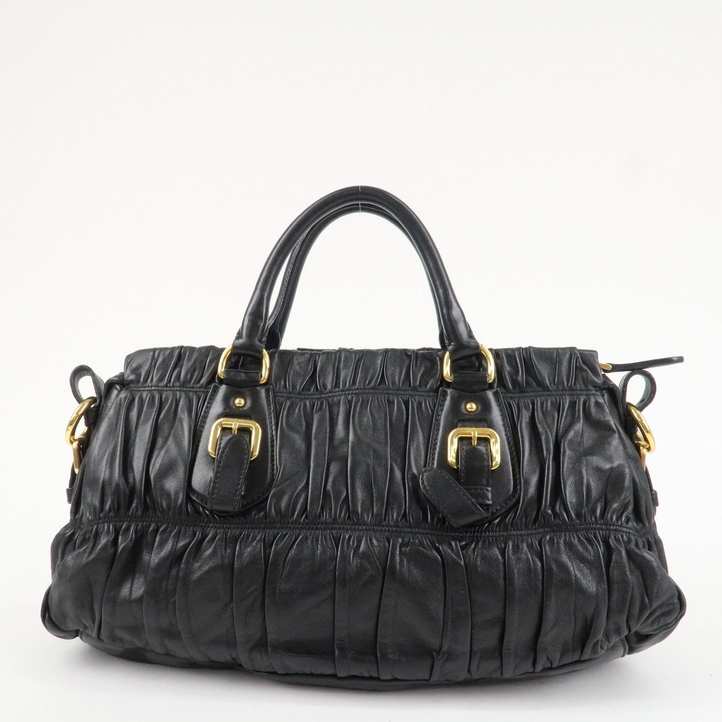 PRADA Logo Leather 2WAY Tote Bag Hand Bag Black Gold HDW B11091