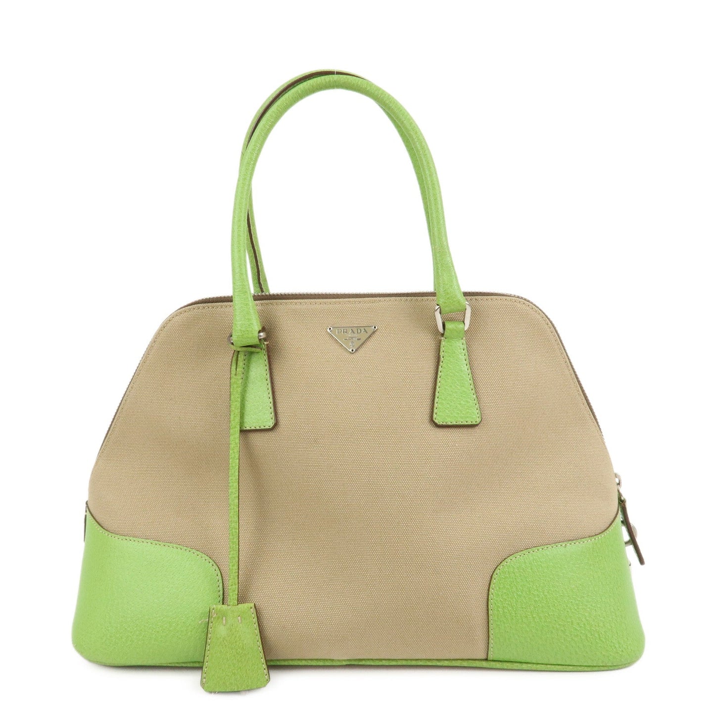 PRADA Canvas Leather Tote Bag Hand Bag Beige Light Green BN0082