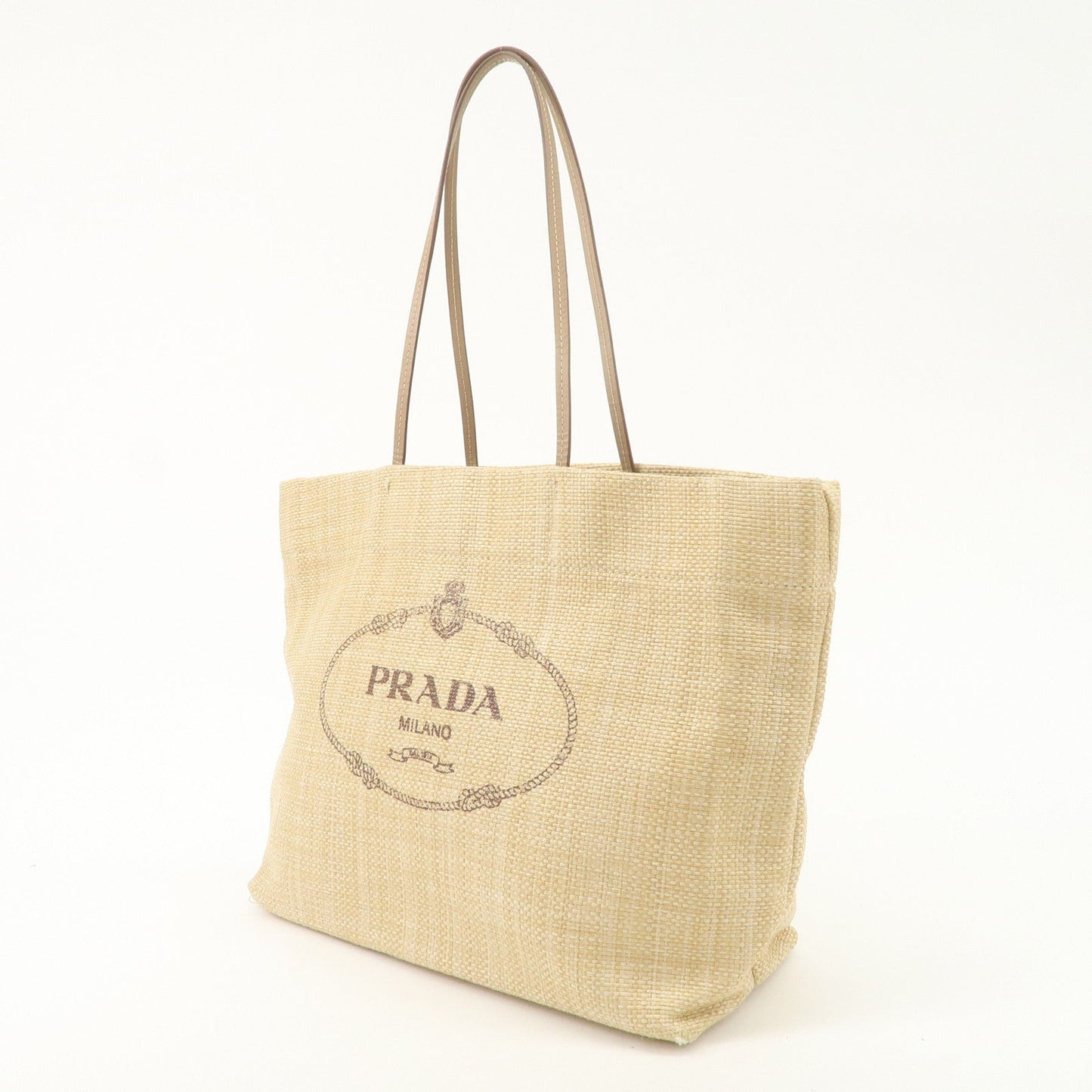 PRADA Leather Raffia Straw Tote Bag Shoulder Bag Beige