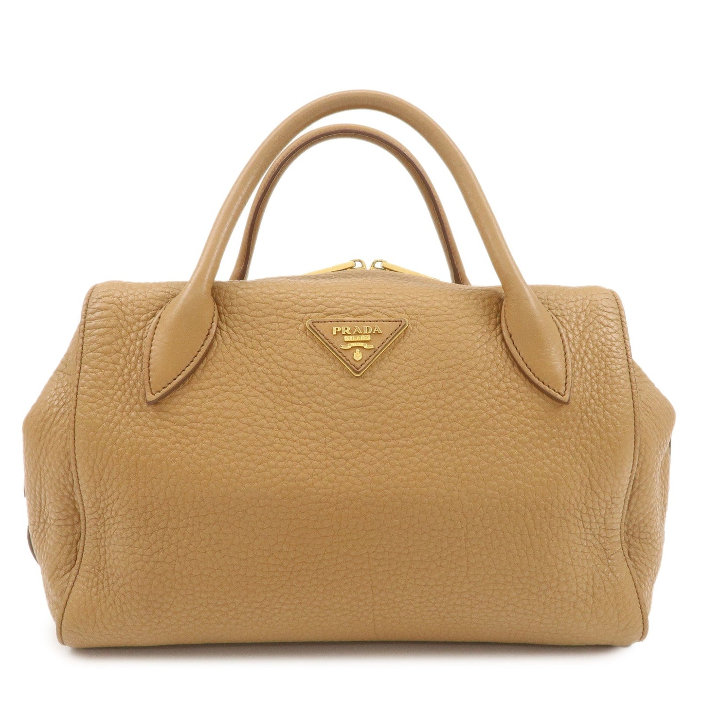 PRADA Triangle Logo Leather 2Way Bag Boston Bag Hand Bag Brown 1BB031