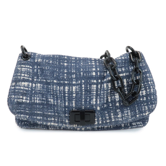 PRADA Tweed Leather Plastic Chain Shoulder Bag Navy White BR4874