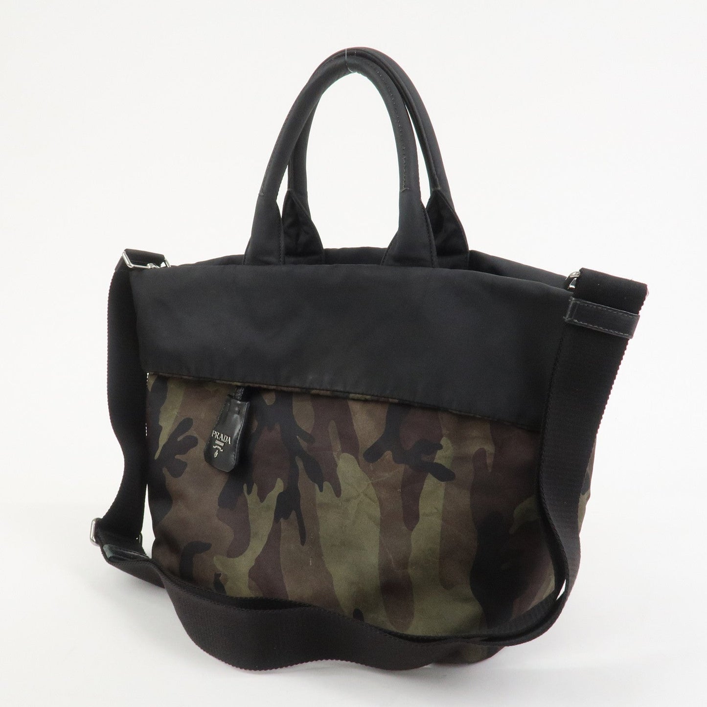 PRADATriangle Logo Nylon 2Way Hand Shoulder Bag Black Khaki BN1959