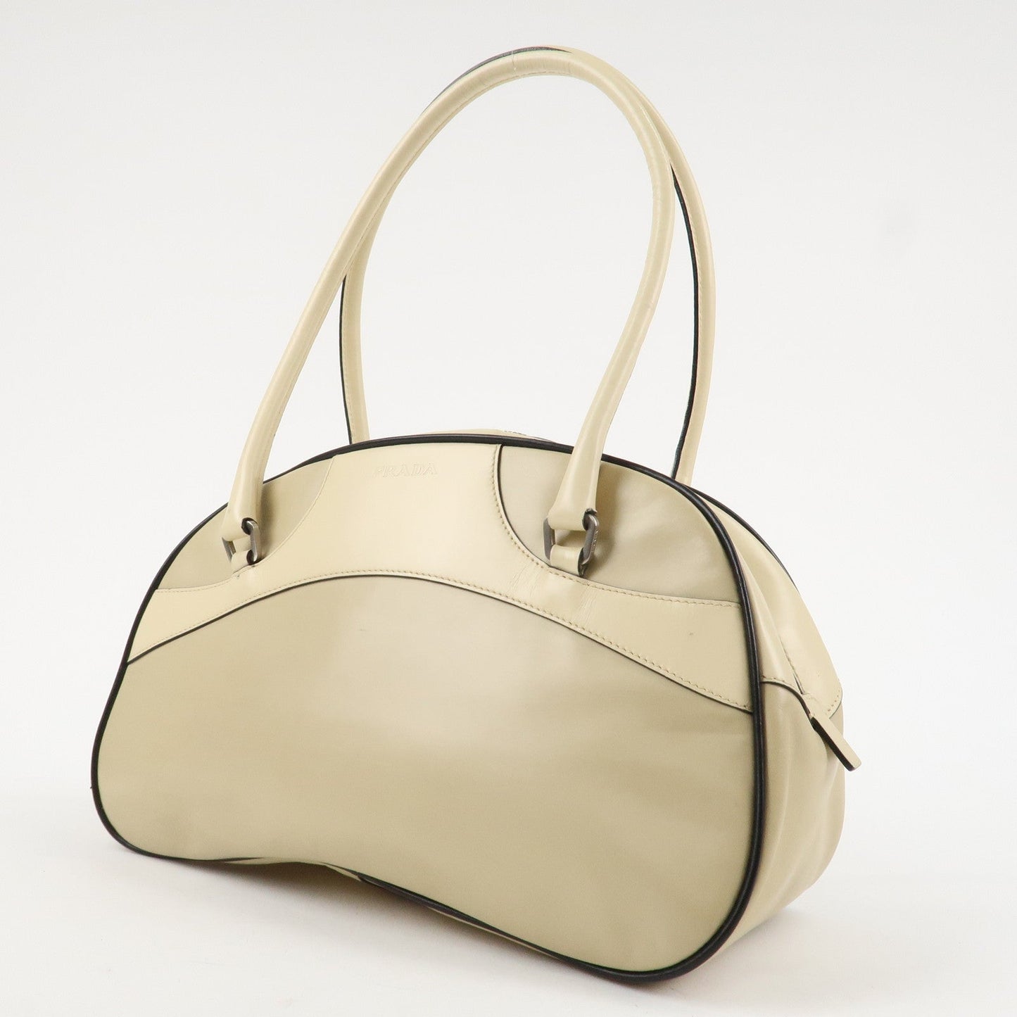 PRADA Leather Bowling Bag Boston Bag Ivory Silver Hardware BL0049