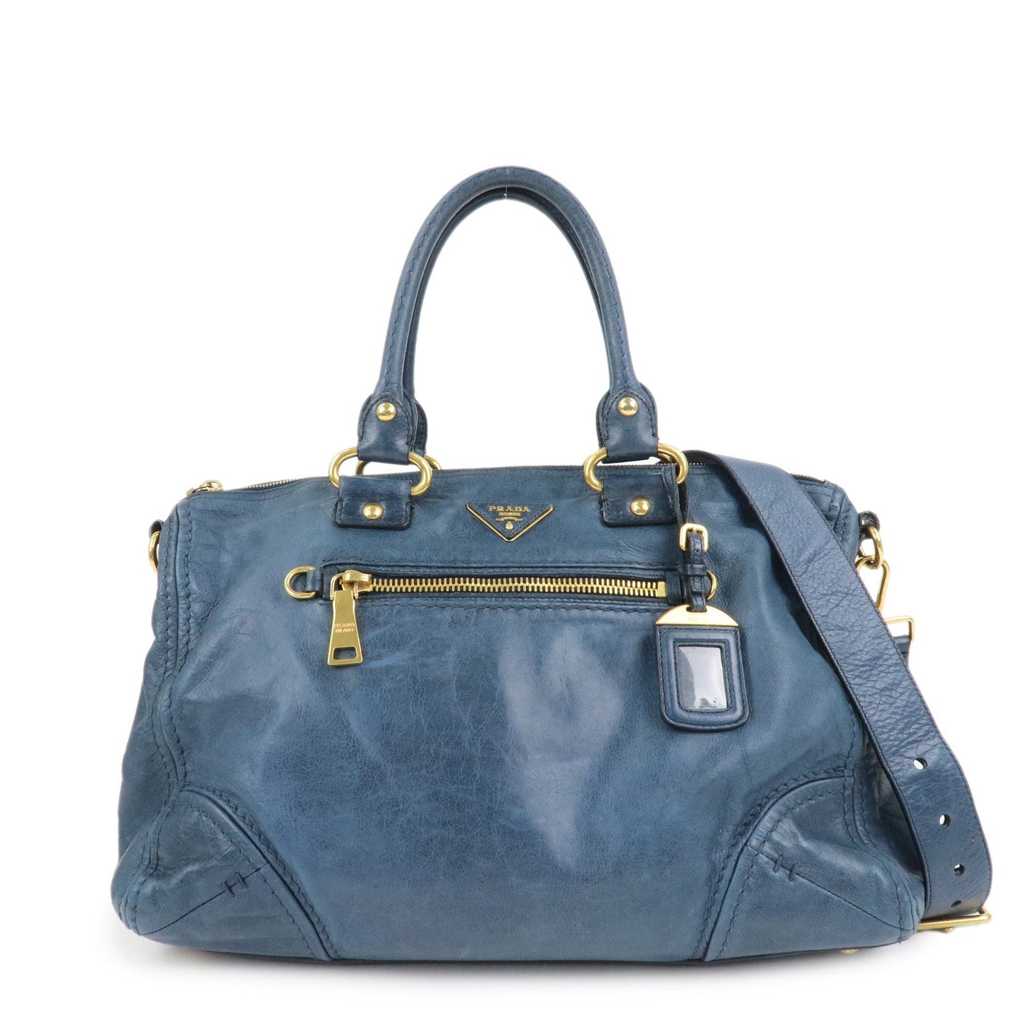 PRADA Logo Leather 2Way Bag Shoulder Bag Hand Bag Blue BL0678