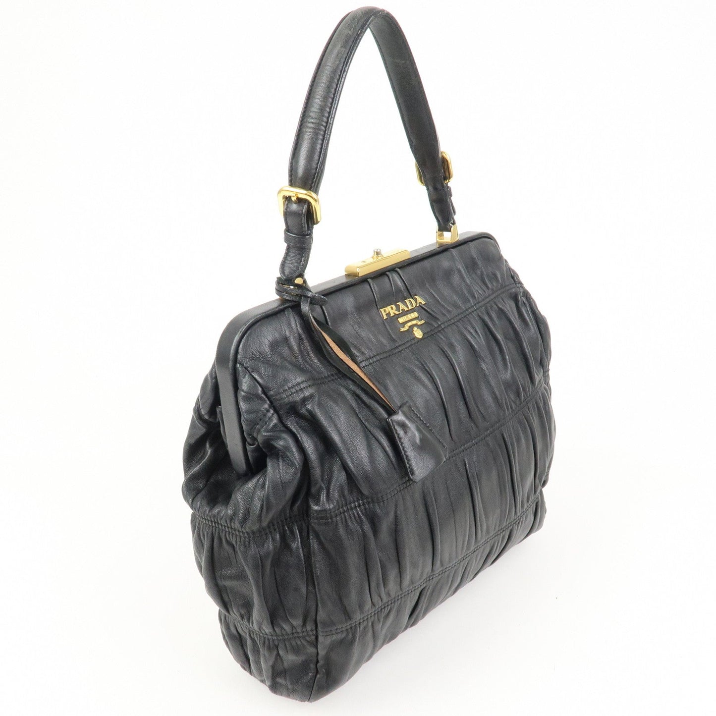 PRADA Logo Nappa Leather Gathered Shoulder Bag Hand Bag Black