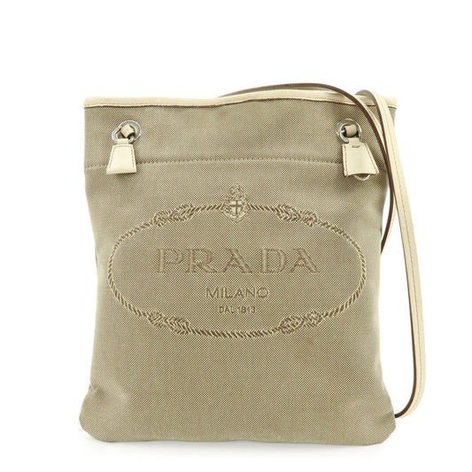 PRADA Logo Jacquard Leather Shoulder Bag Crossbody Bag Beige