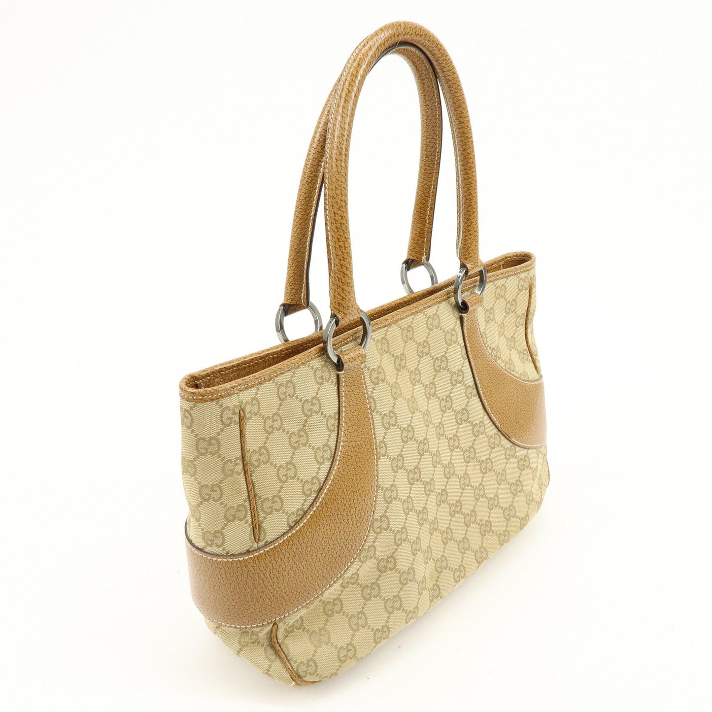 GUCCI GG Canvas Leather Tote Bag Hand Bag Beige Camel 113011