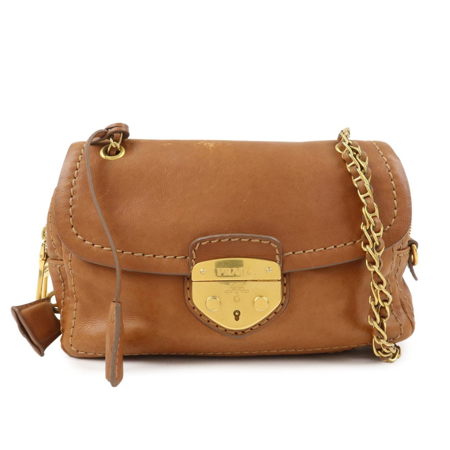 PRADA Logo Leather Chain Shoulder Bag Crossbody Bag Camel