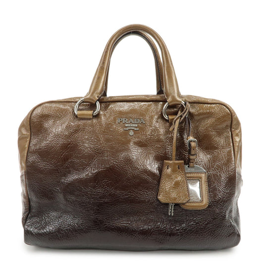 PRADA Logo Patent Leather Hand Bag Boston Bag Brown BL0555