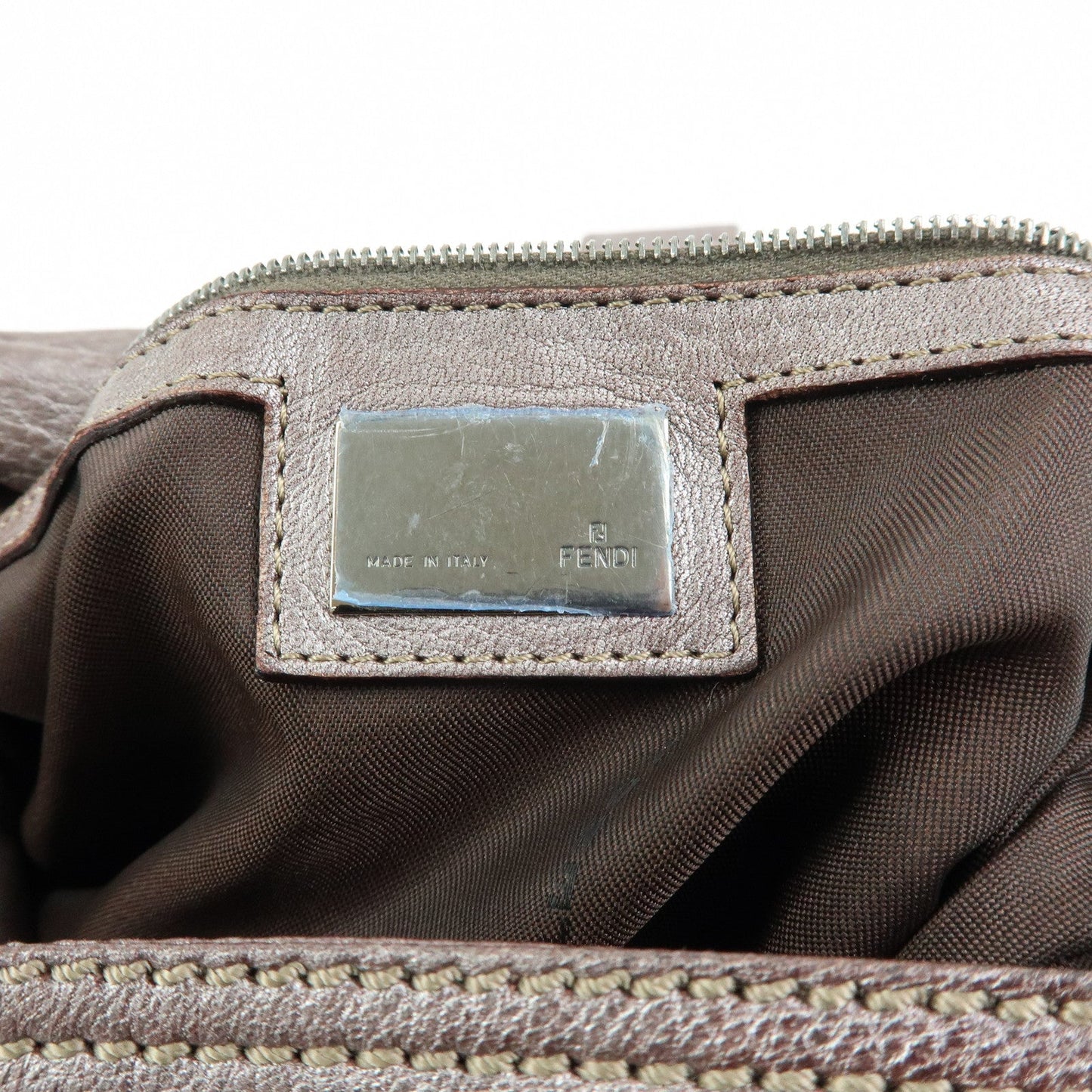 FENDI Mamma Baguette Leather Shoulder Bag Metallic Brown 8BR001