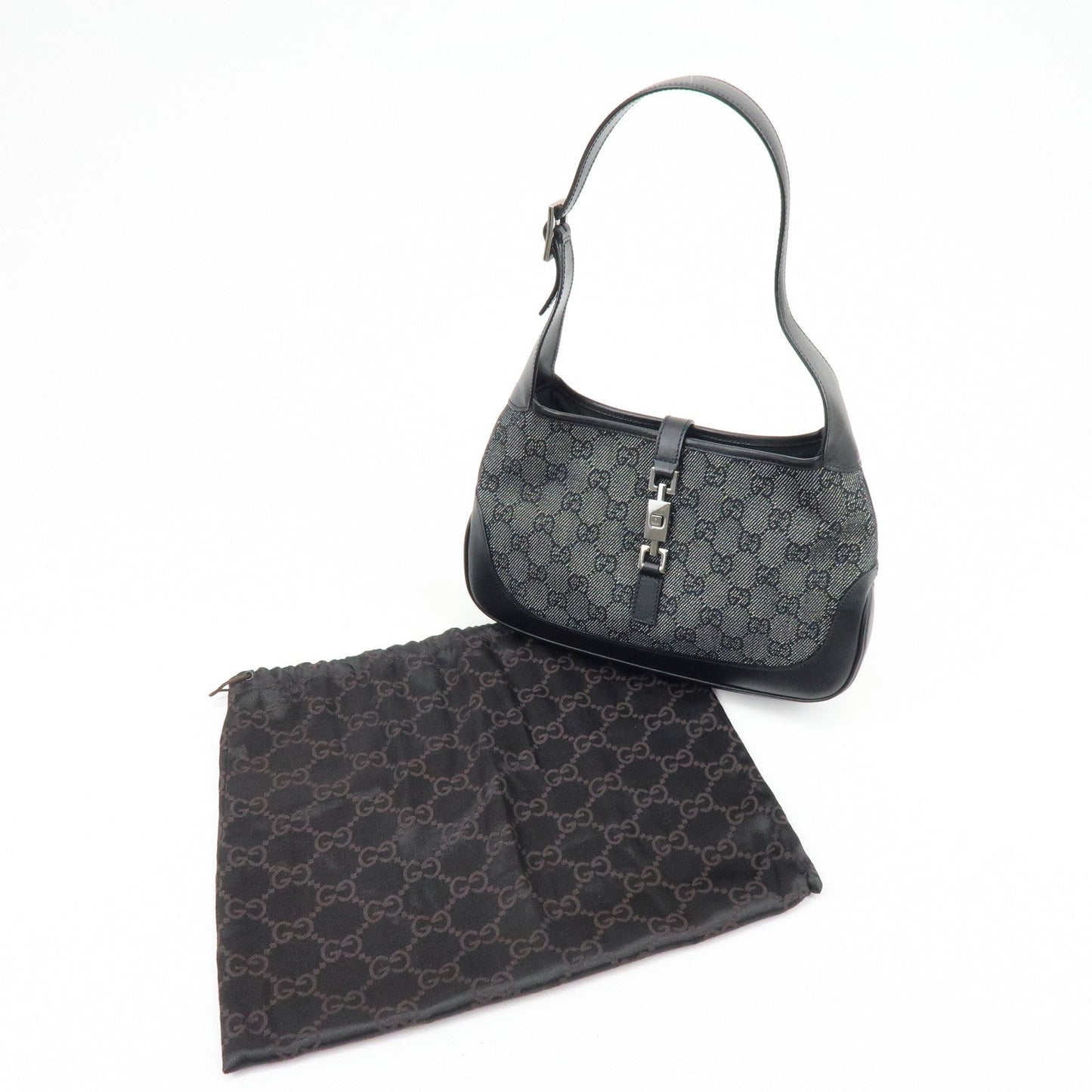 GUCCI Jackie GG Denim Leather Shoulder Bag Hand Bag Black 01147