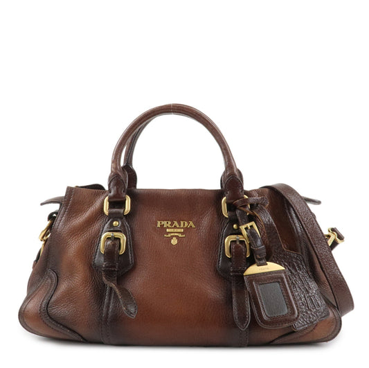 PRADA Logo Leather 2WAY Tote Bag Hand Bag Brown Gold Hardware