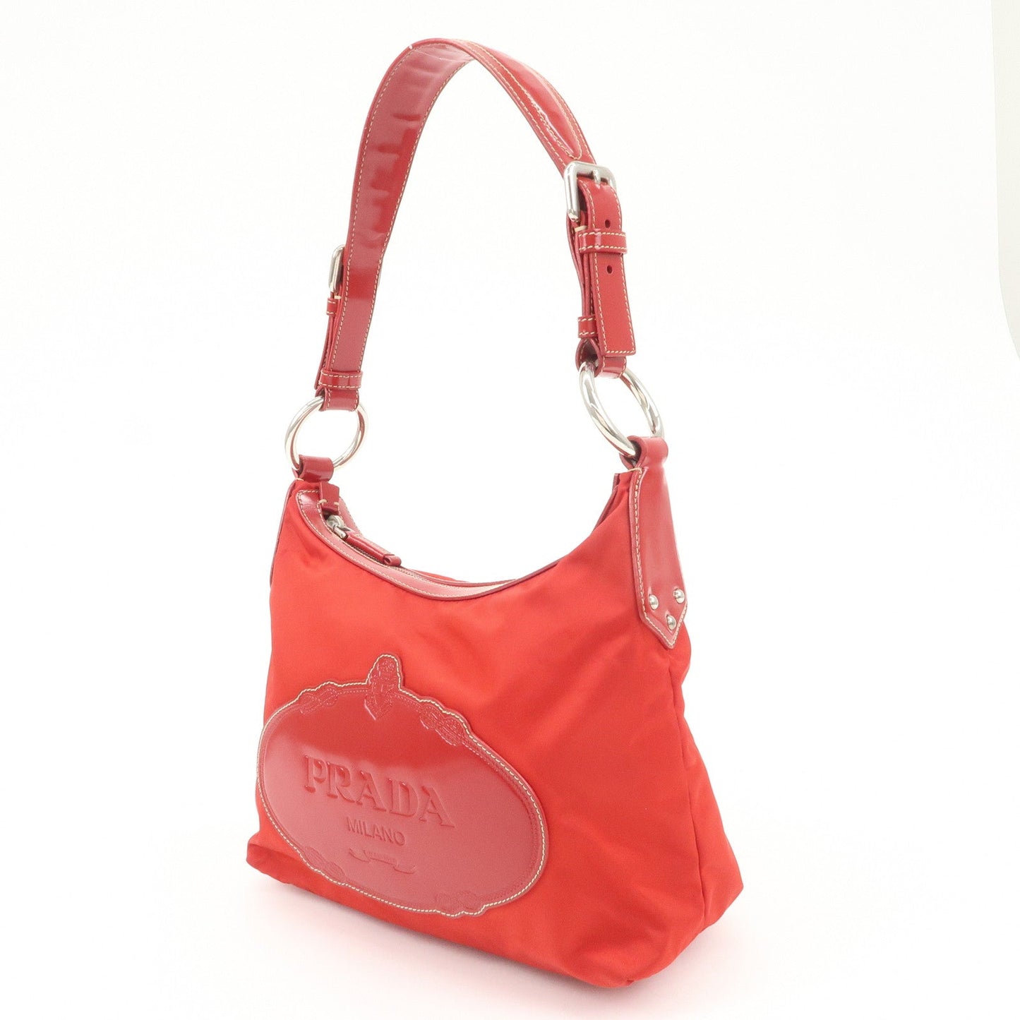 PRADA Logo Nylon Leather Shoulder Bag  Silver HDW Red