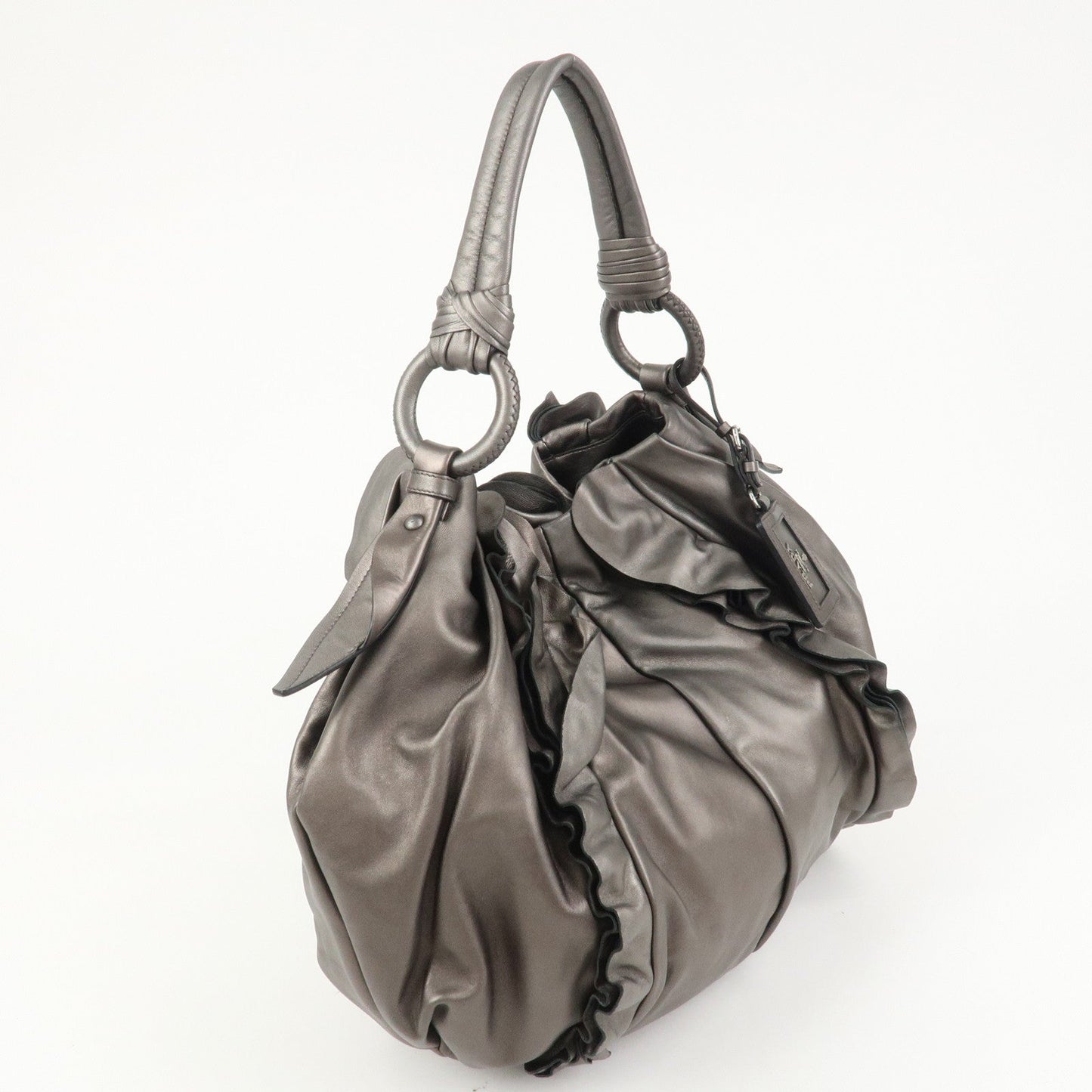 PRADA Logo Frilled Leather Shoulder Bag Hand Bag Bronze BR3993