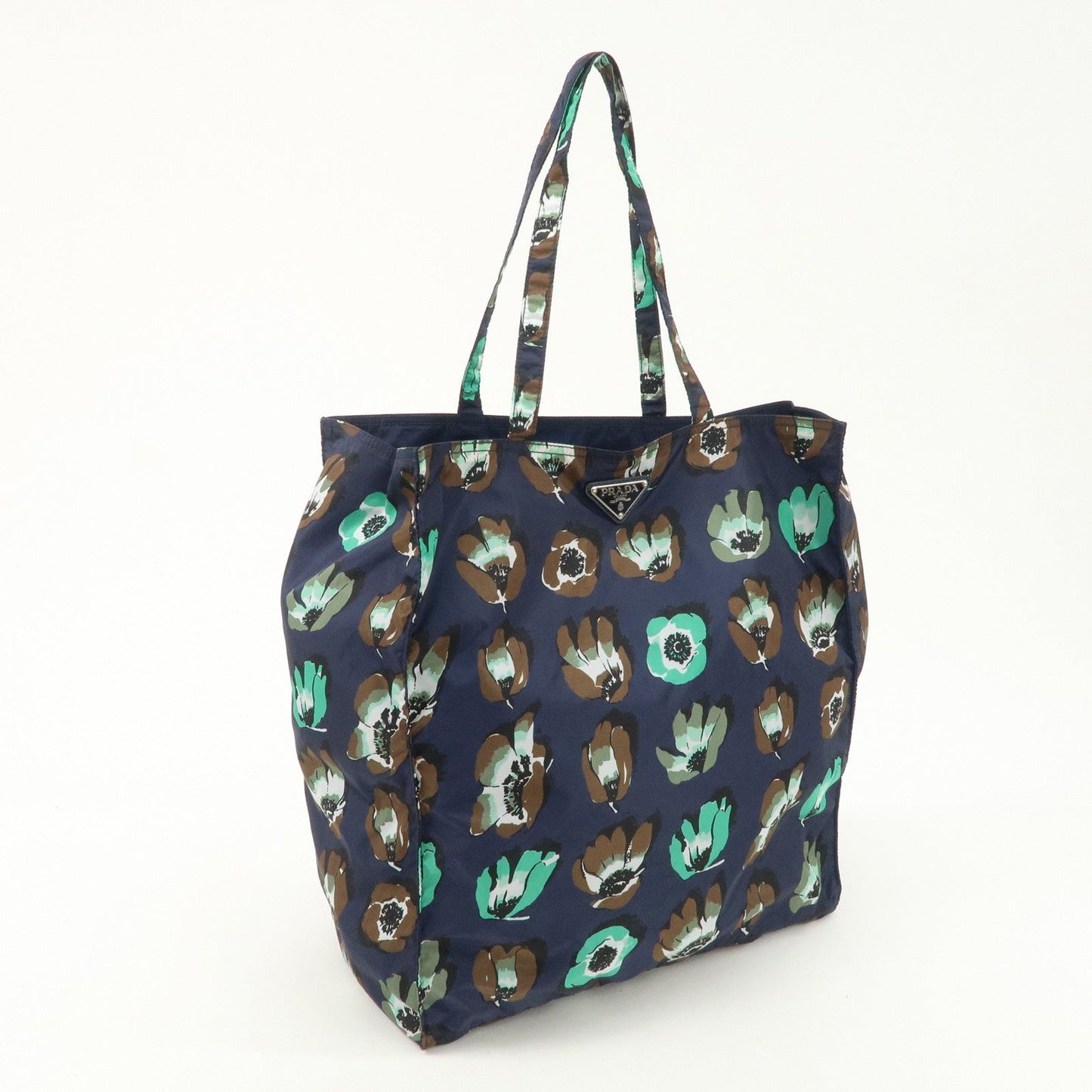 PRADA Triangle Logo Nylon Tote Bag w/Pouch Flower Print Navy B4626B