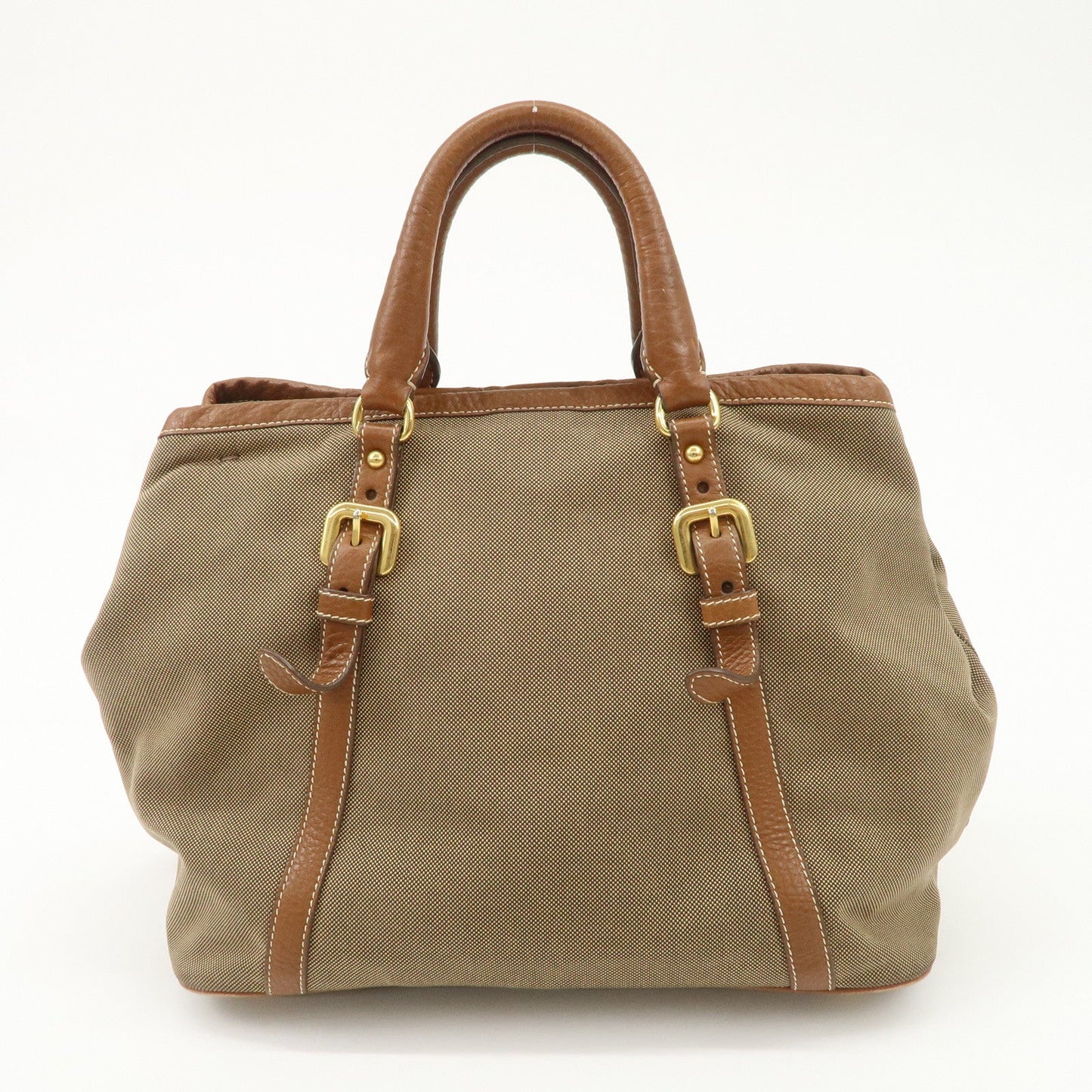 PRADA  Leather Logo Jacquard Tote Bag Ribbon Beige Brown BN1841