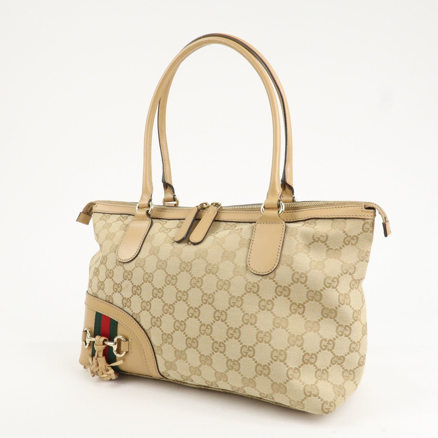 GUCCI Horsebit Sherry GG Canvas Leather Tote Bag Beige 232936