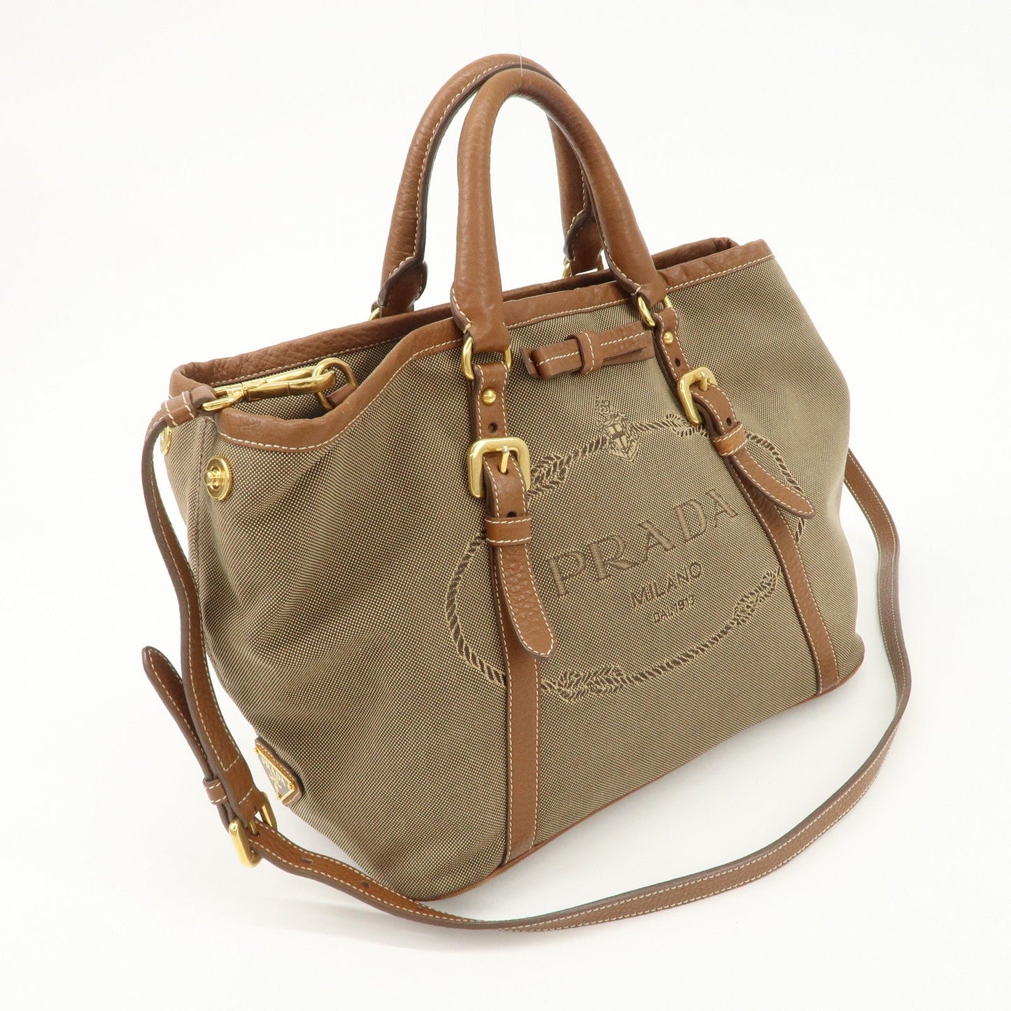 PRADA  Leather Logo Jacquard Tote Bag Ribbon Beige Brown BN1841