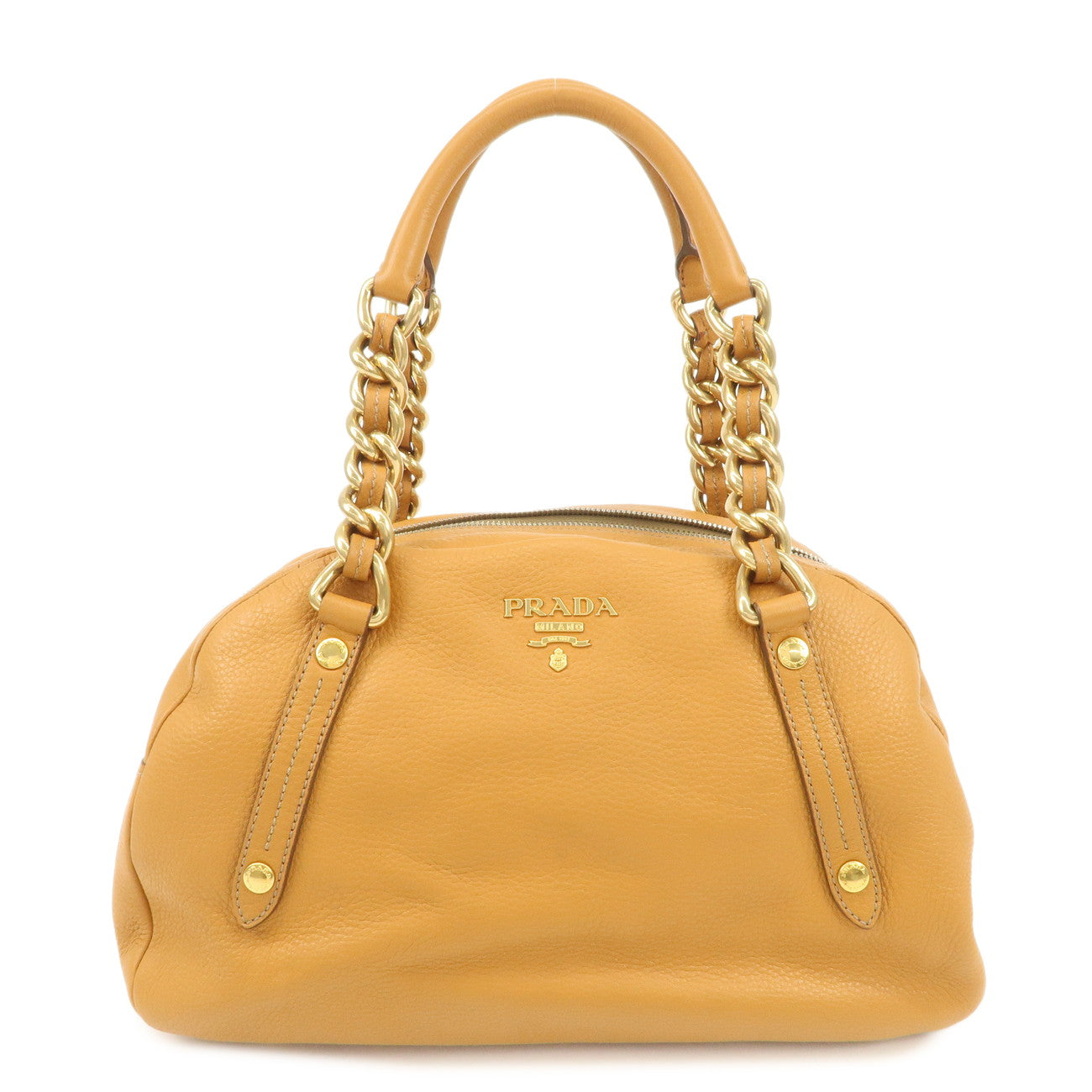 PRADA Logo Leather Chain Shoulder Bag Boston Bag Hand Bag Camel BL0692