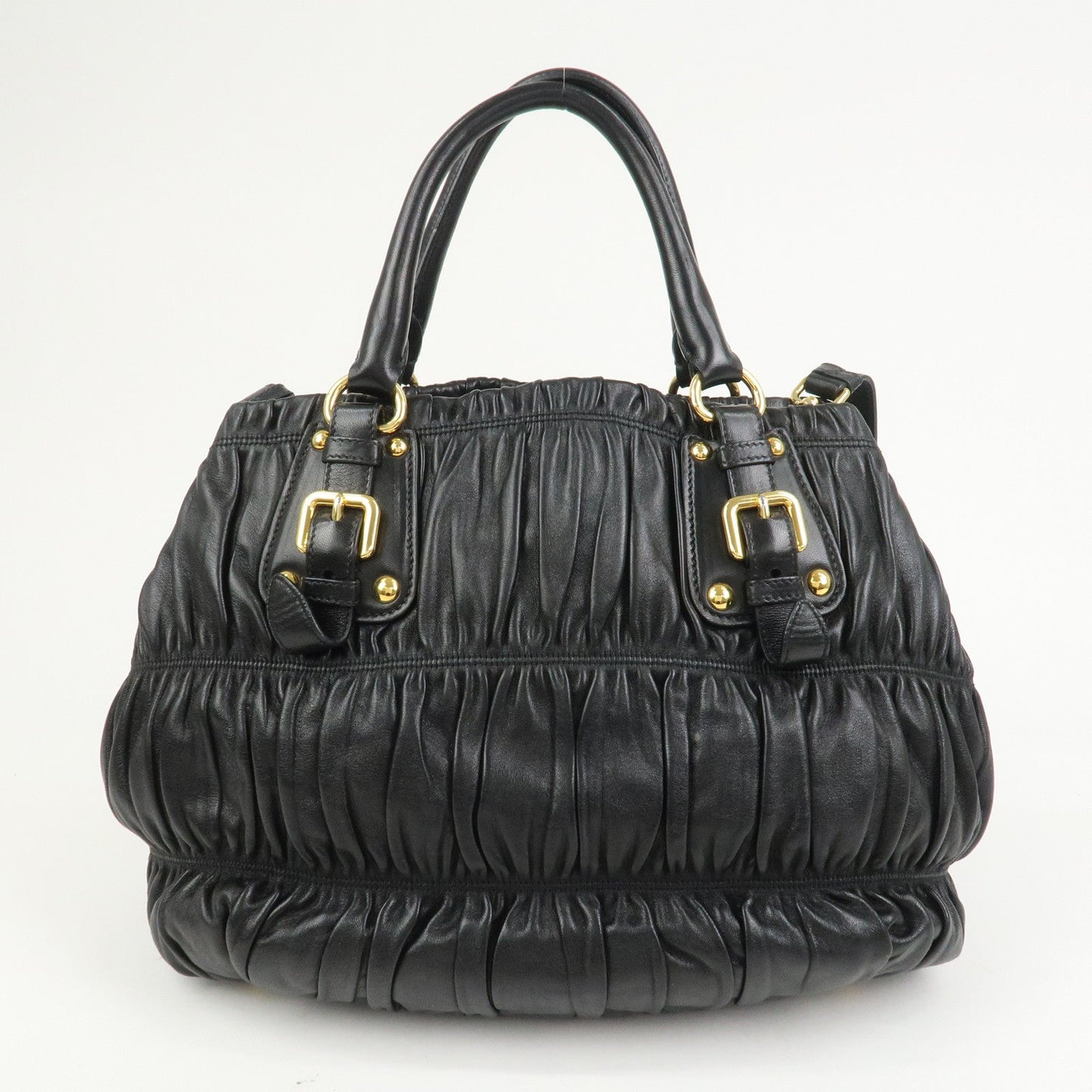 PRADA Leather Gathered 2Way Shoulder Bag Hand Bag Black BN1789