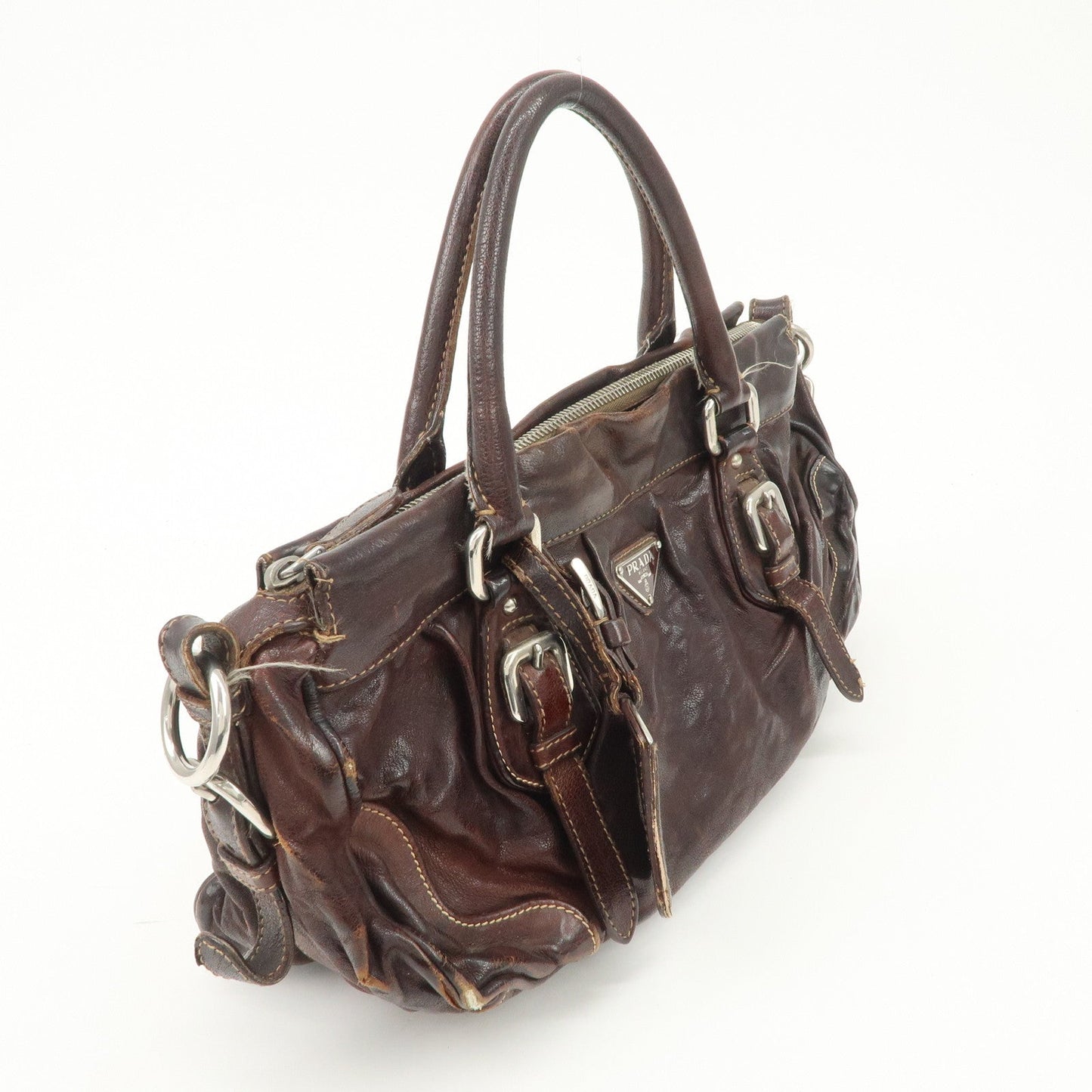 PRADA Triangle Logo Leather 2Way Bag Hand Bag Dark Brown BN1279