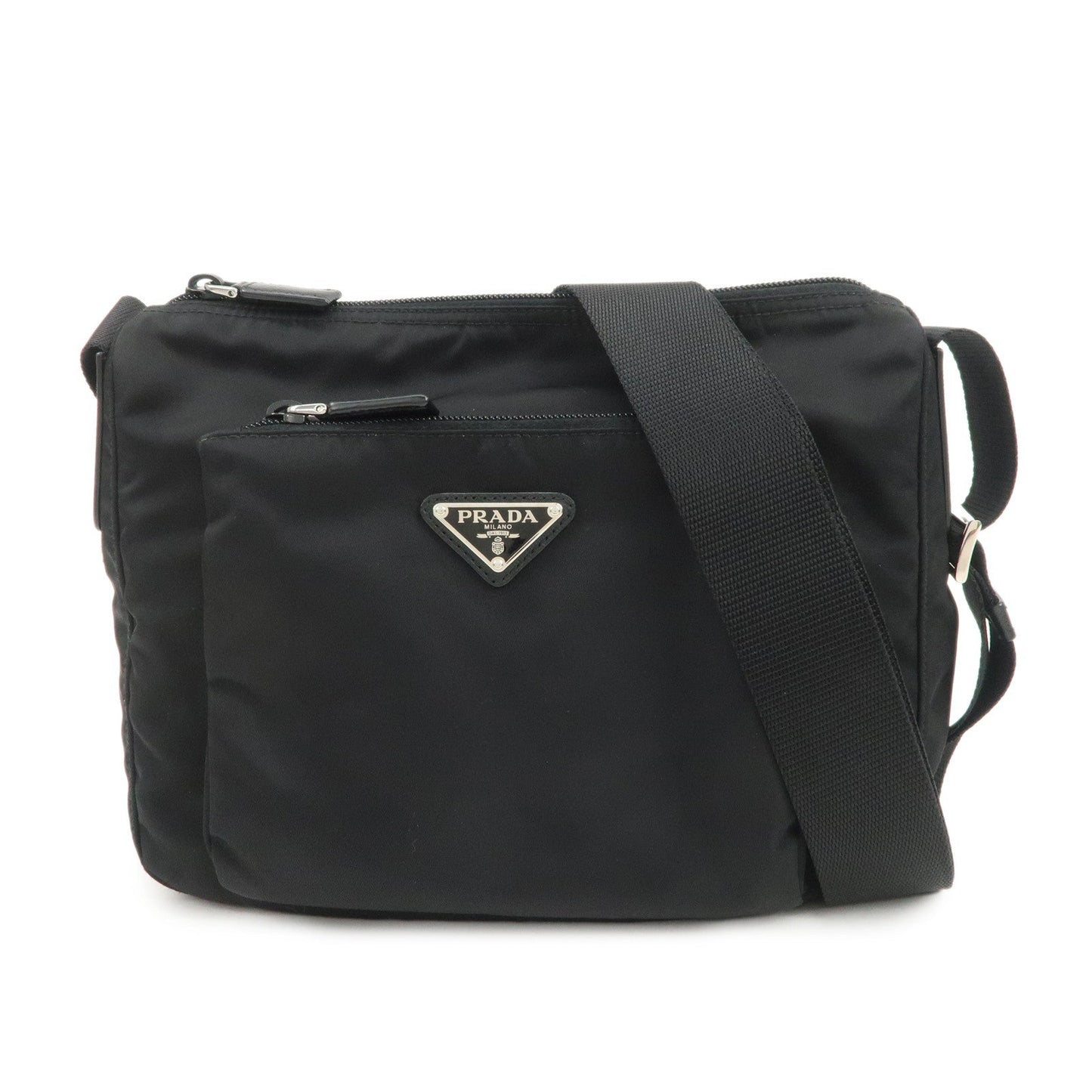 PRADA Triangle Logo Nylon Saffiano Leather Shoulder Bag Black