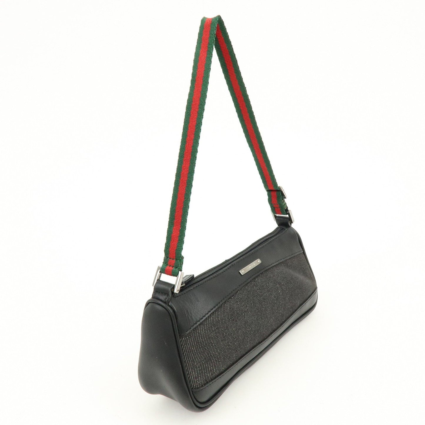 GUCCI Sherry Denim Leather Accessory Pouch Hand Bag Black 92820