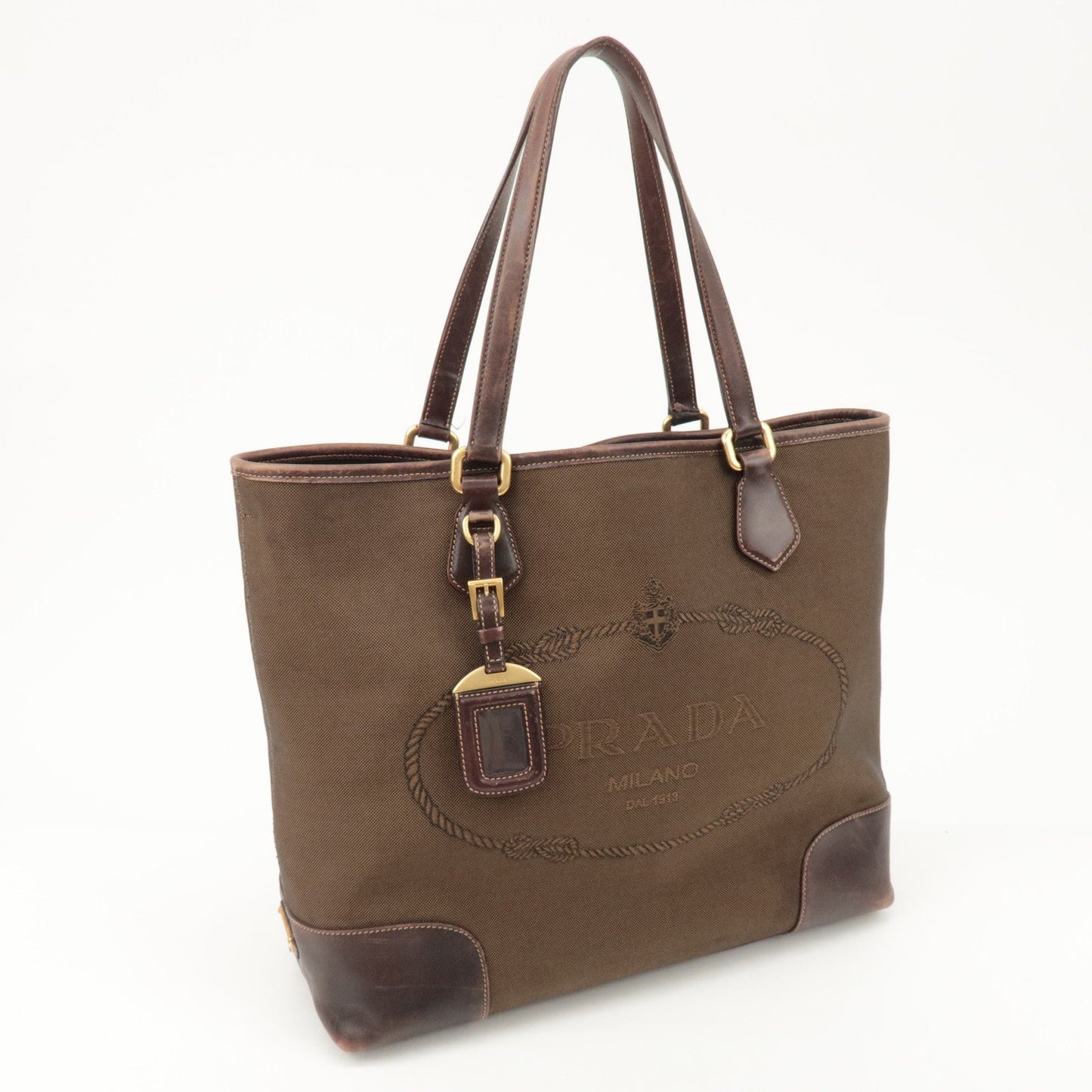 PRADA Triangle Logo Jacquard Leather 2Way Bag Tote Bag Brown
