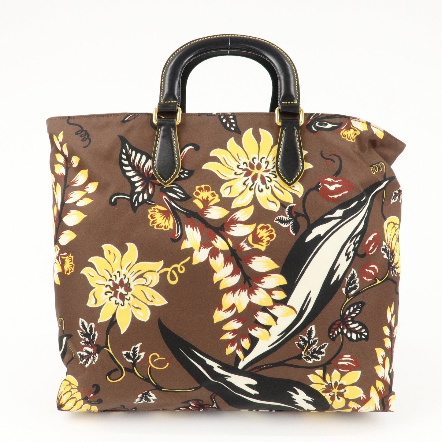 PRADA Triangle Logo Nylon Leather 2Way Bag Shoulder Bag Hand Bag Floral Print Brown Yellow BN2741