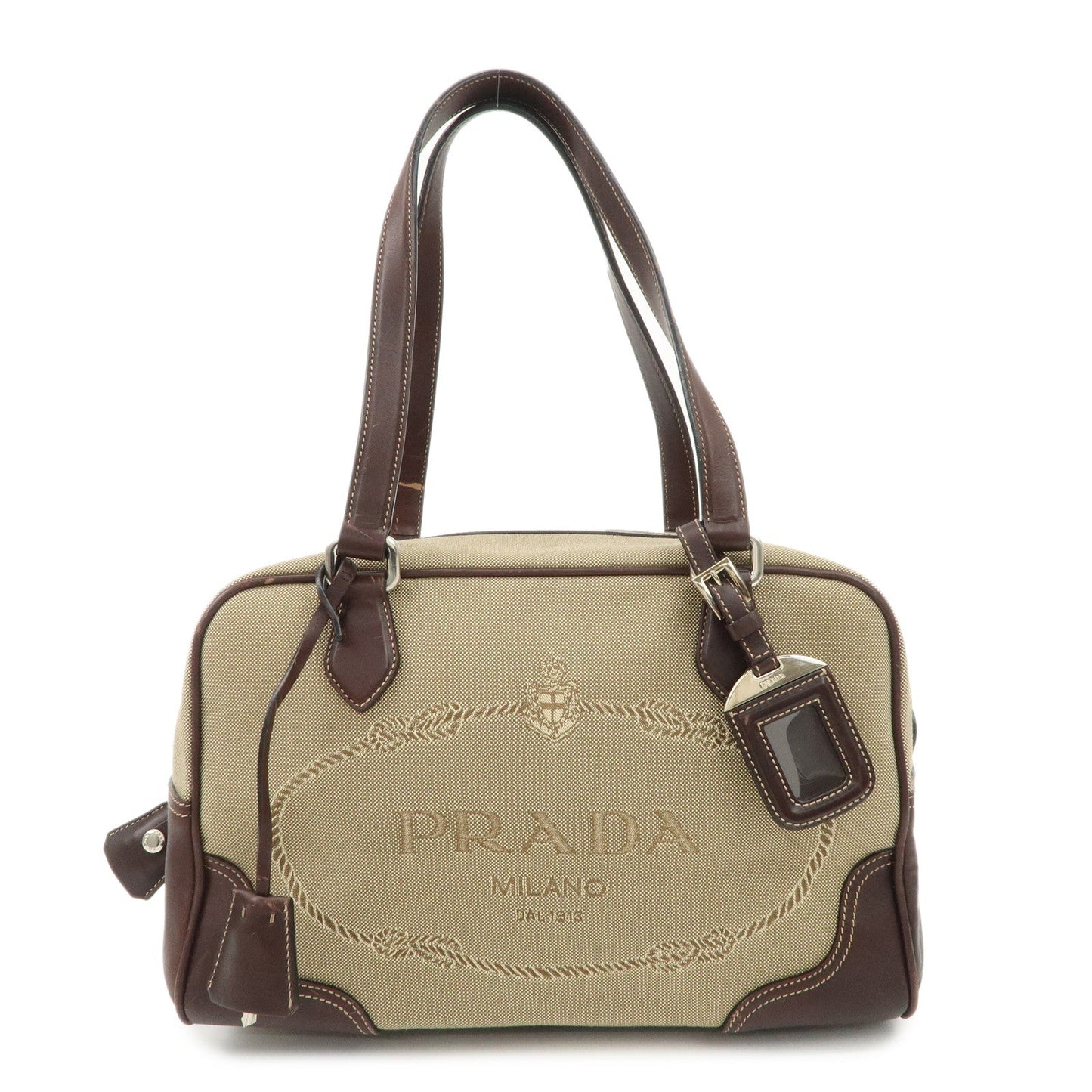 PRADA Logo Jacquard Leather Boston Bag Shoulder Bag Beige BL0260