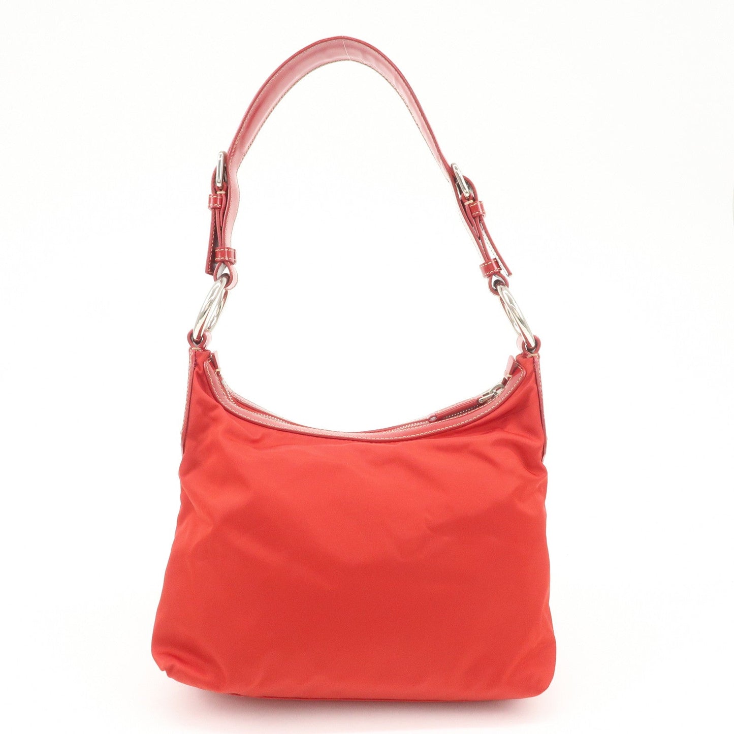 PRADA Logo Nylon Leather Shoulder Bag  Silver HDW Red