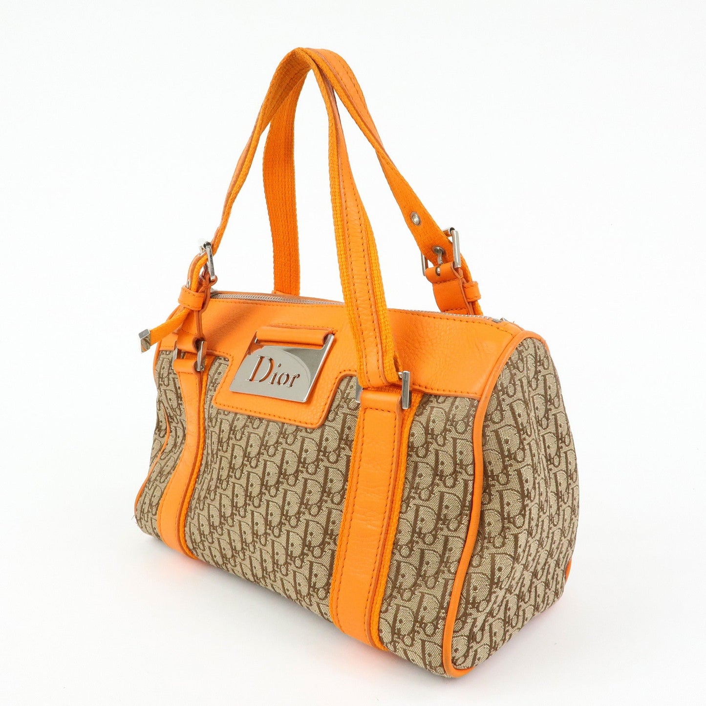 Christian Dior Trotter Canvas Leather Boston Hand Bag Beige Orange