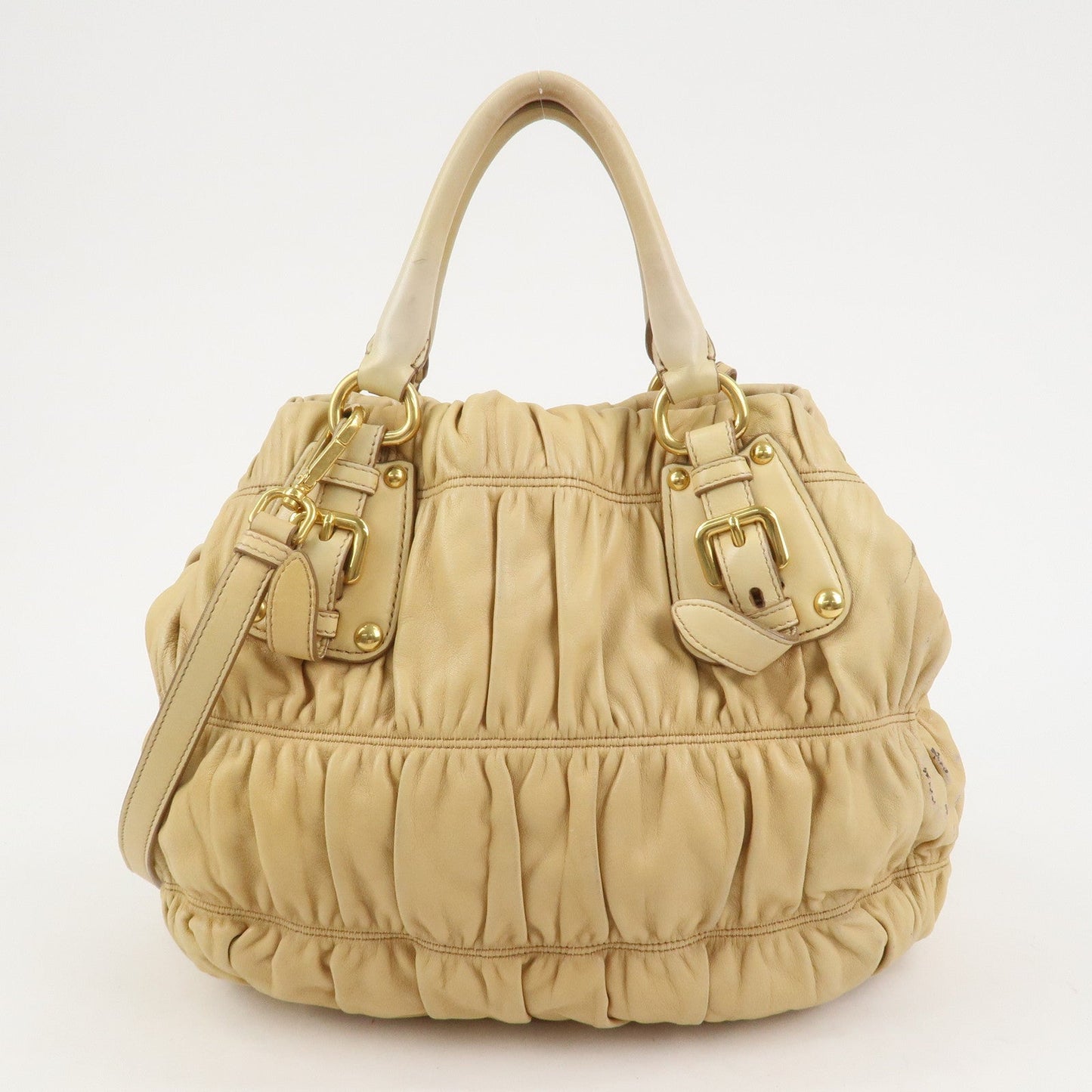 PRADA Nappa Gaufre Leather Gathered 2Way Bag Hand Bag Beige BN1336