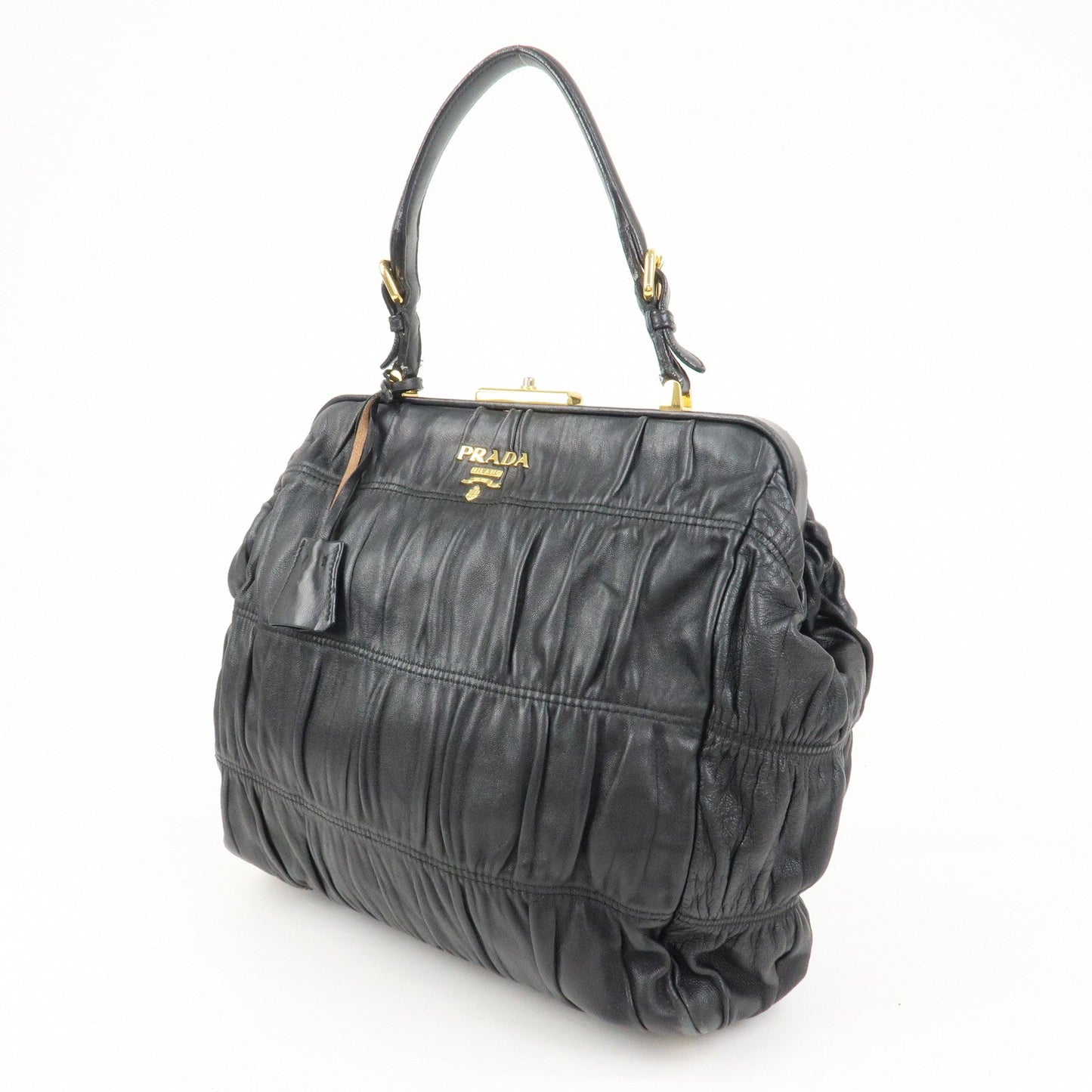 PRADA Logo Nappa Leather Gathered Shoulder Bag Hand Bag Black