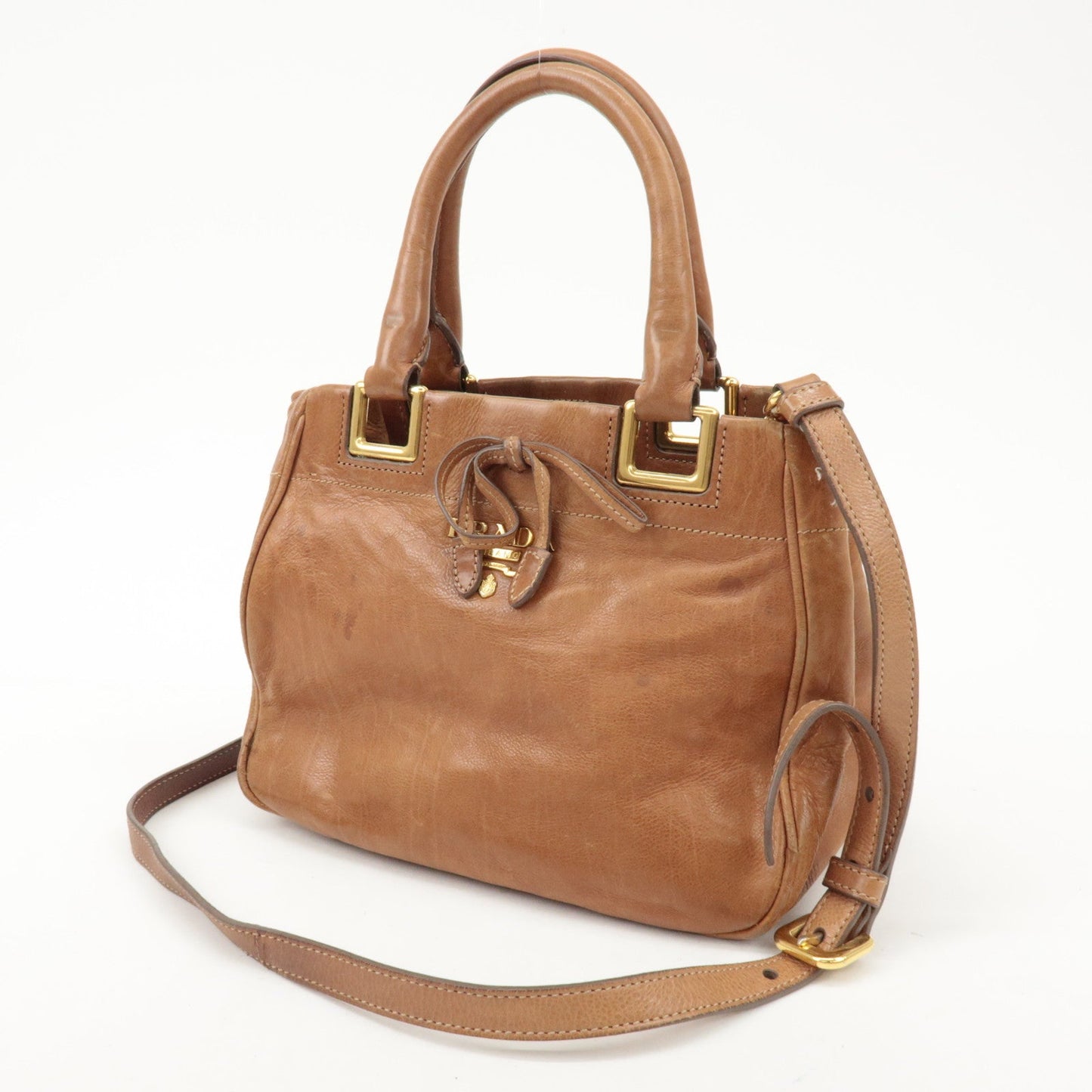 PRADA Logo Leather Ribbon 2Way Bag Hand Bag Brown BN2245