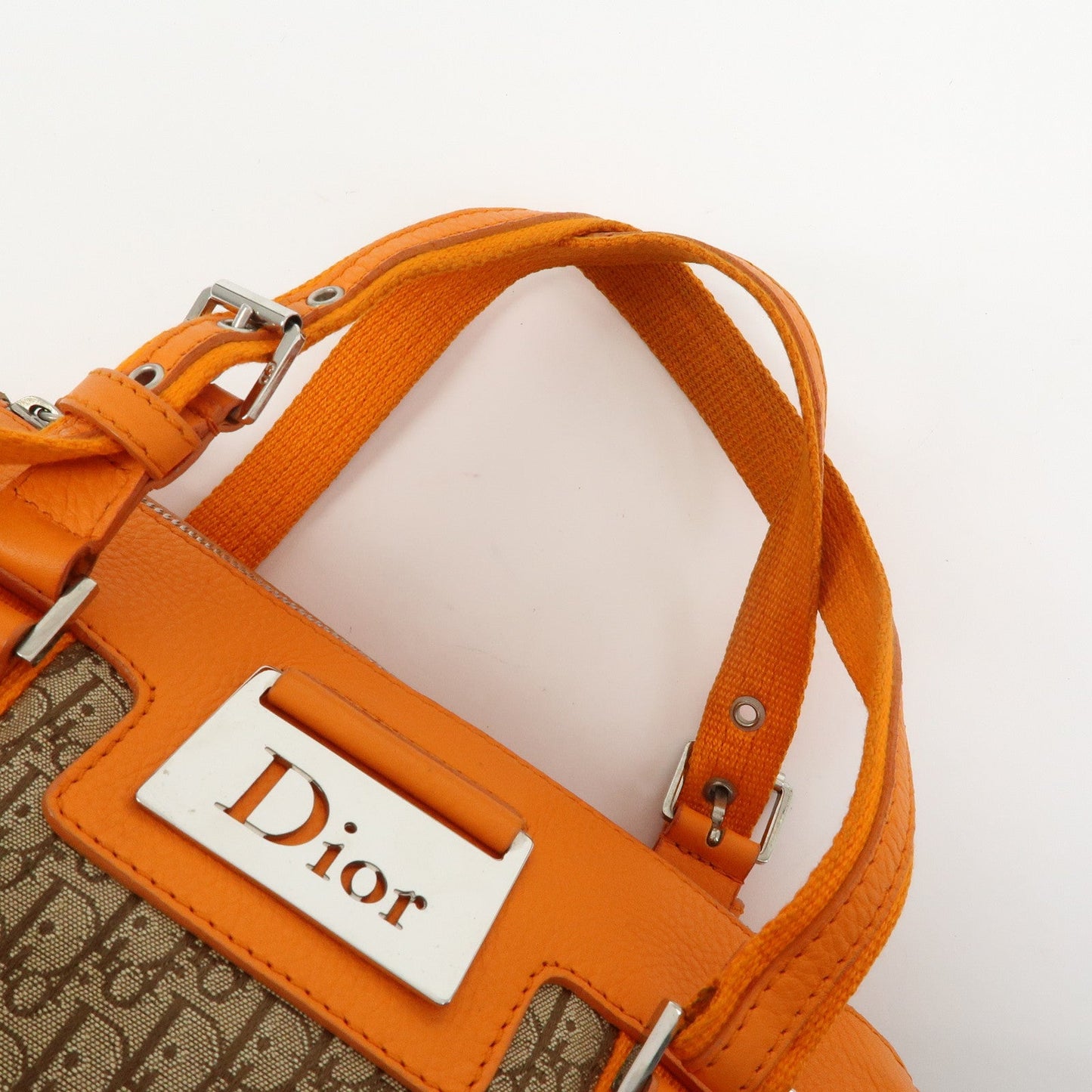 Christian Dior Trotter Canvas Leather Boston Hand Bag Beige Orange