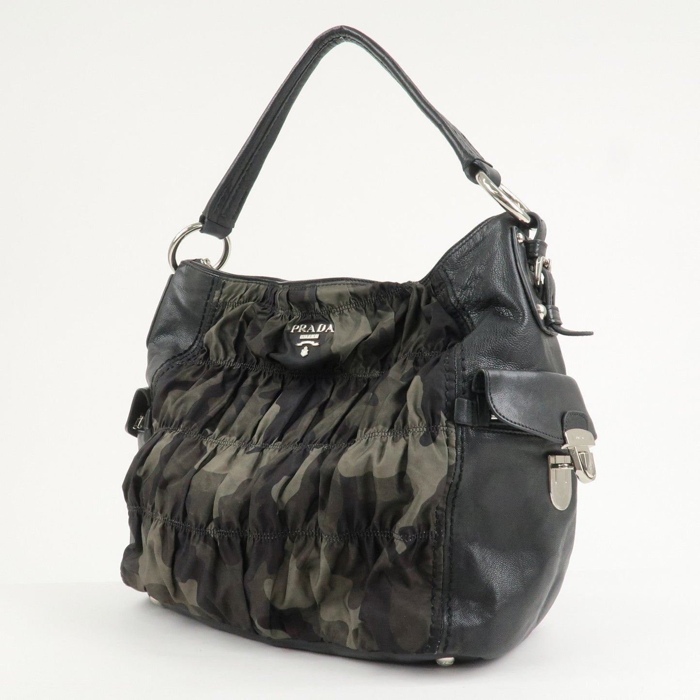 PRADA Logo Nylon Leather Gathered 2Way Shoulder Hand Bag BN4586