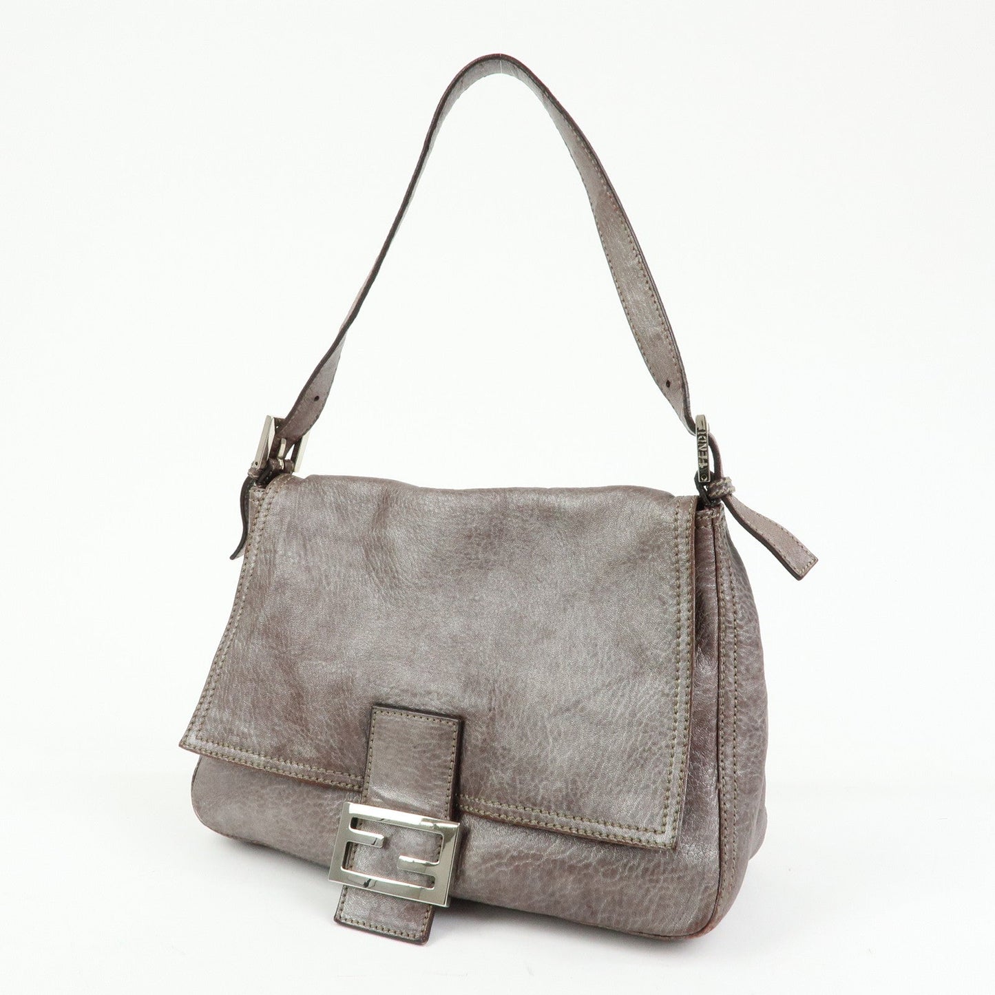 FENDI Mamma Baguette Leather Shoulder Bag Metallic Brown 8BR001