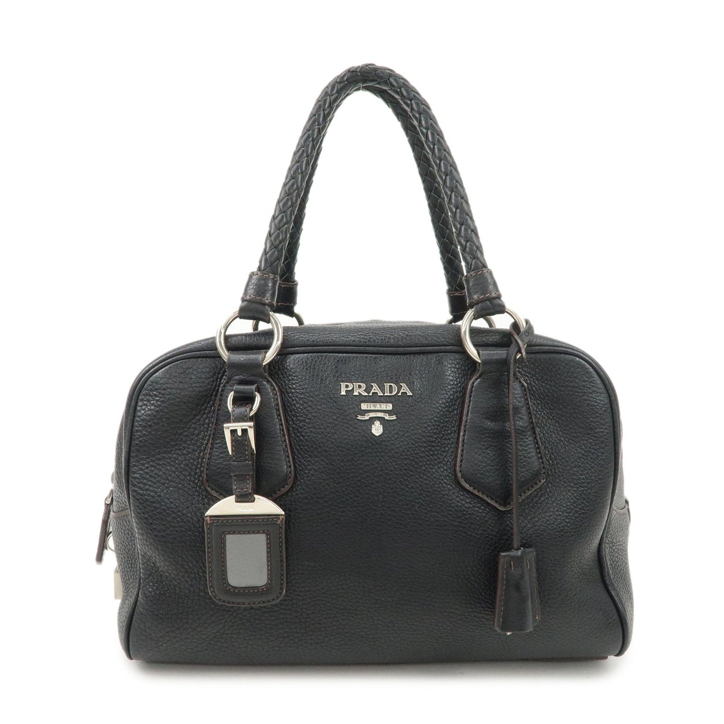 PRADA Logo Leather Hand Bag Mini Boston Bag Black BL0471