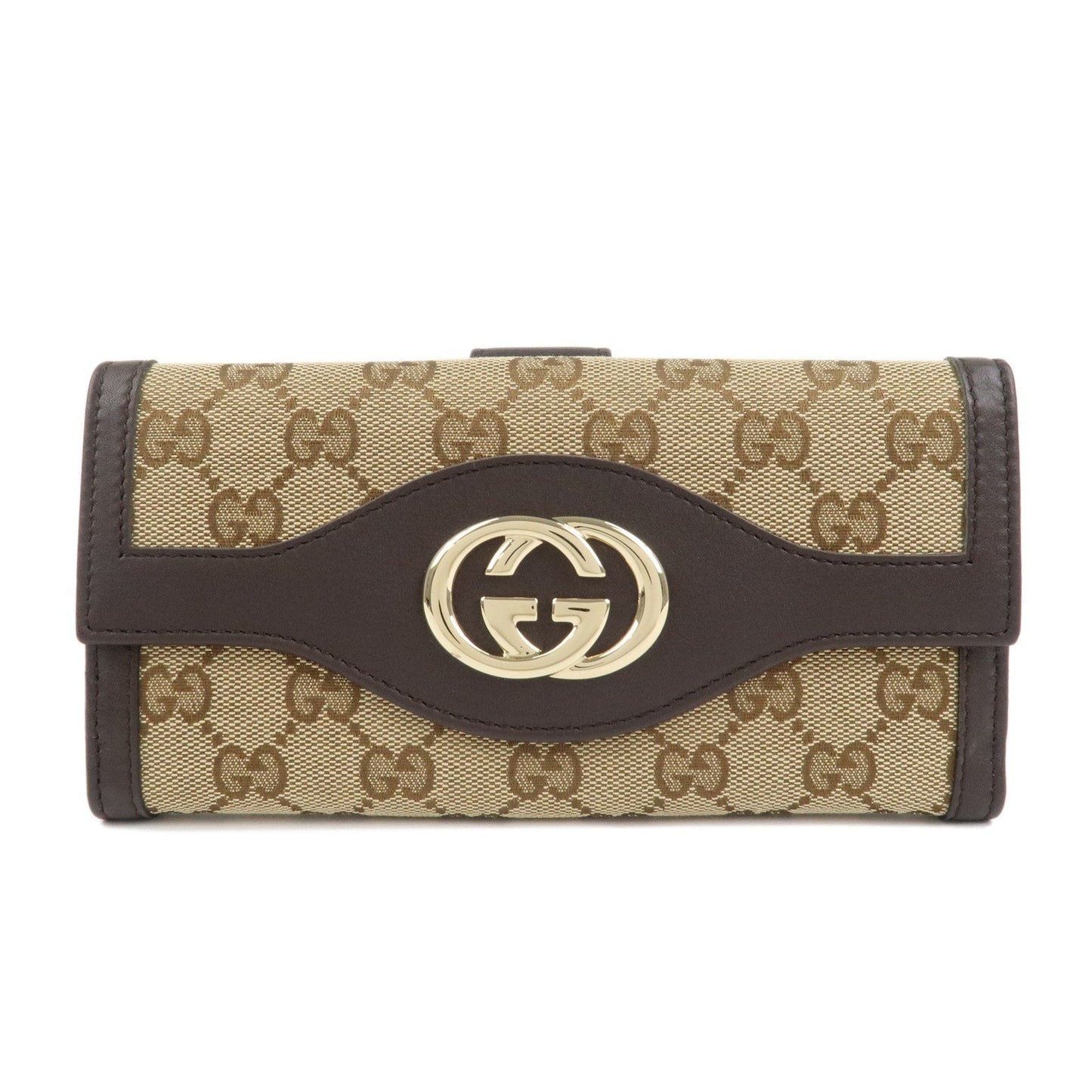 GUCCI Interlocking G GG Canvas Double Flap Long Wallet Brown 282426