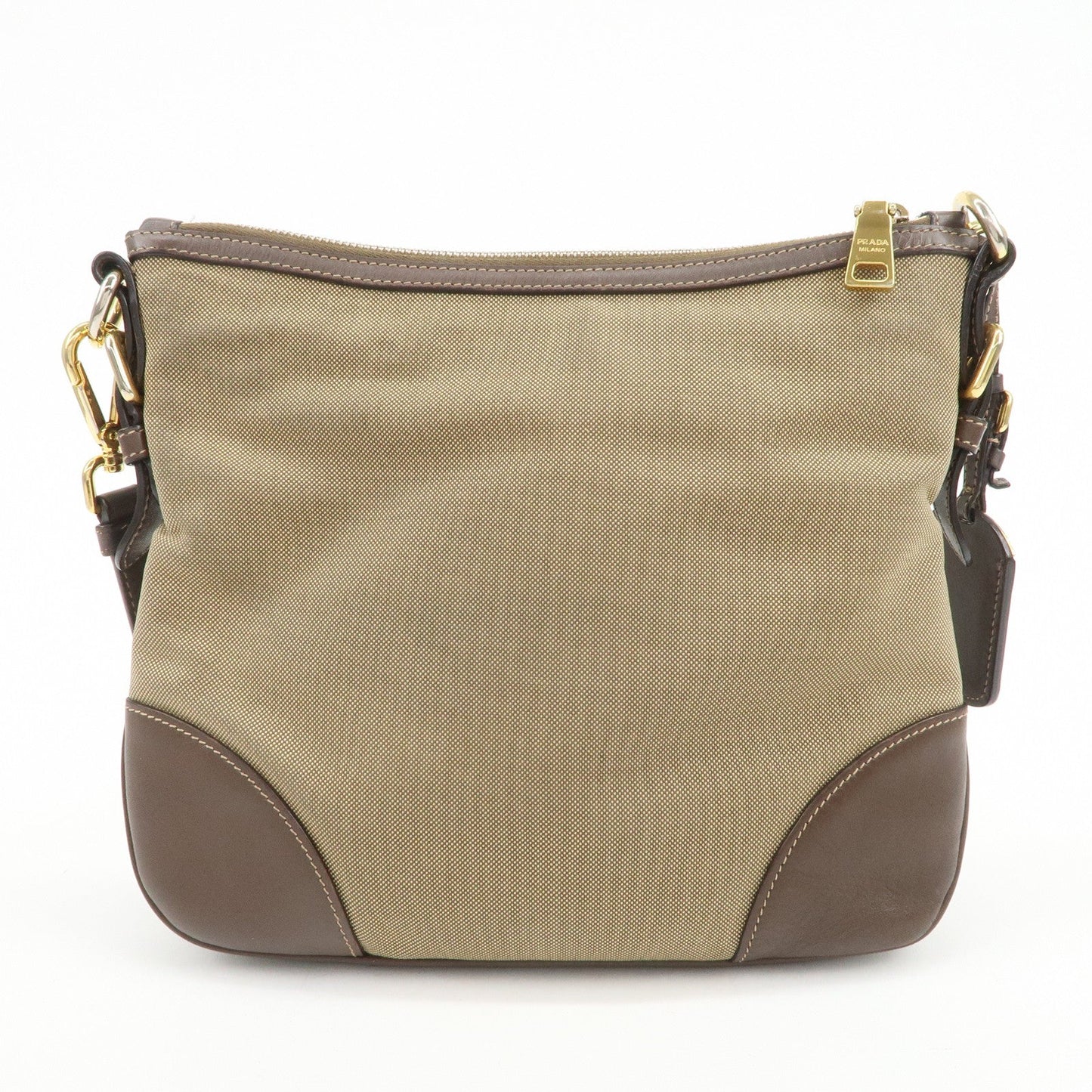 PRADA Logo Jacquard Leather Shoulder Bag Beige Brown BT867A
