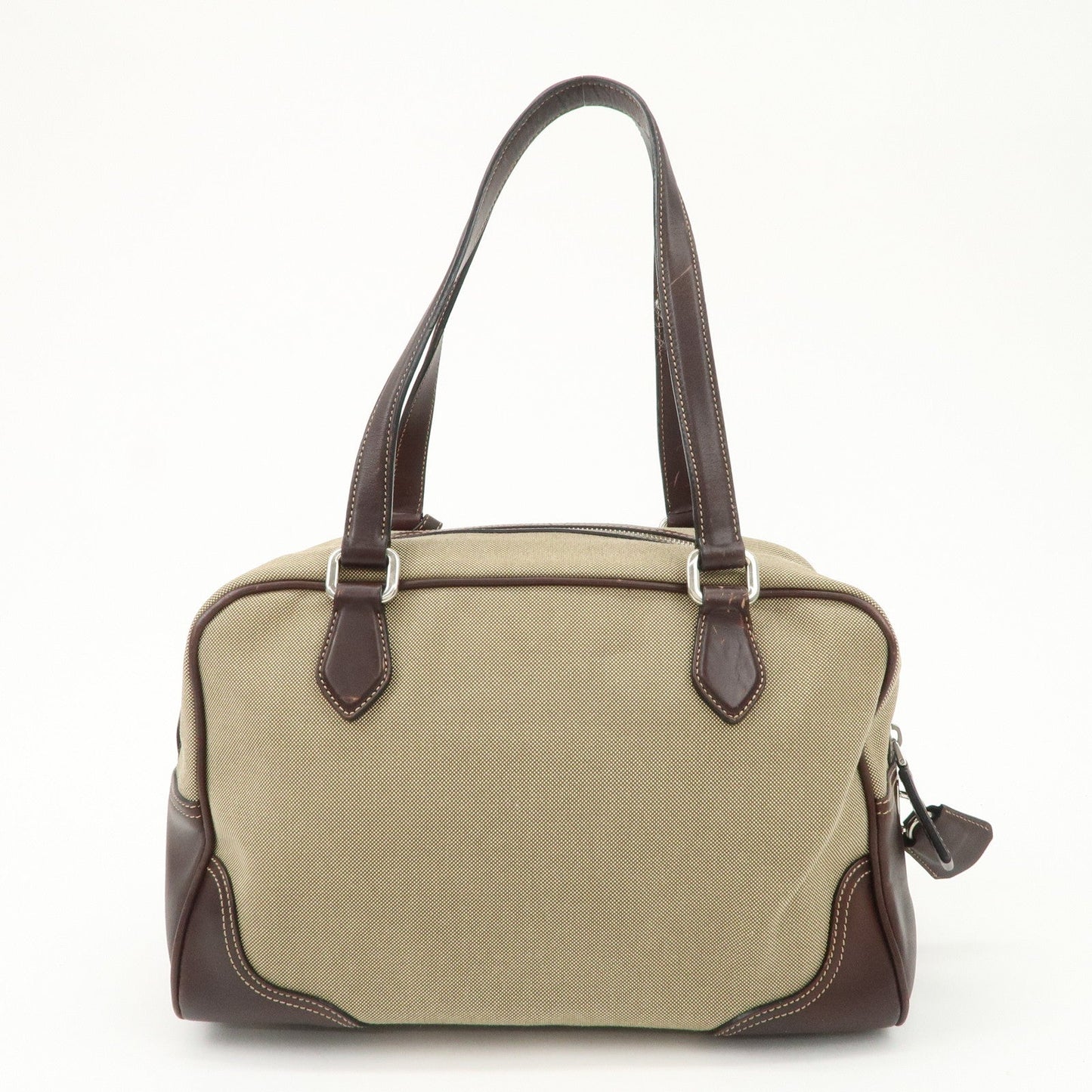 PRADA Logo Jacquard Leather Boston Bag Shoulder Bag Beige BL0260