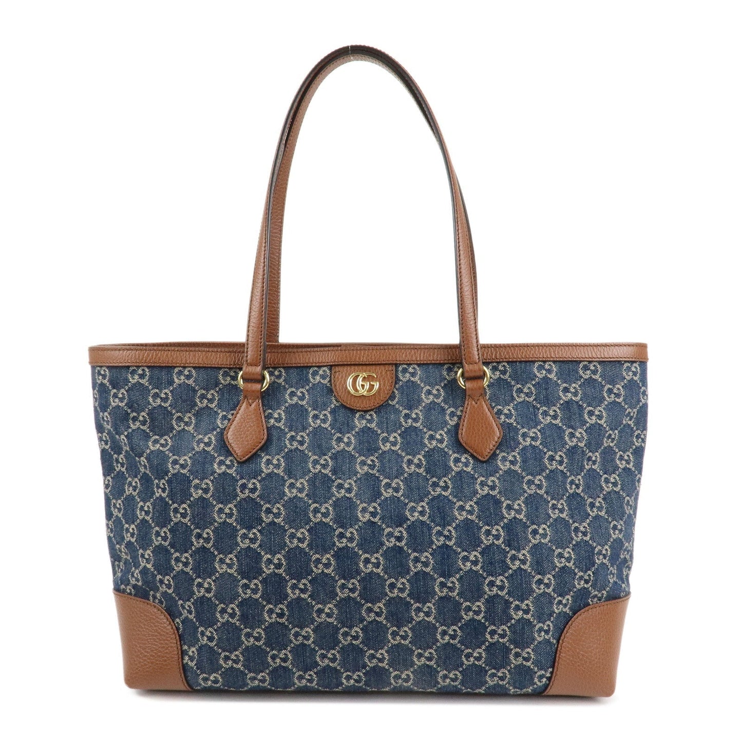 GUCCI Ophidia GG Denim Leather Tote Bag Blue Brown 631685