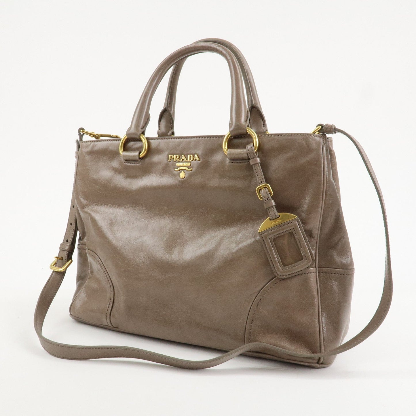 PRADA Logo Leather 2Way Bag Hand Bag Shoulder Bag Greige BN2533