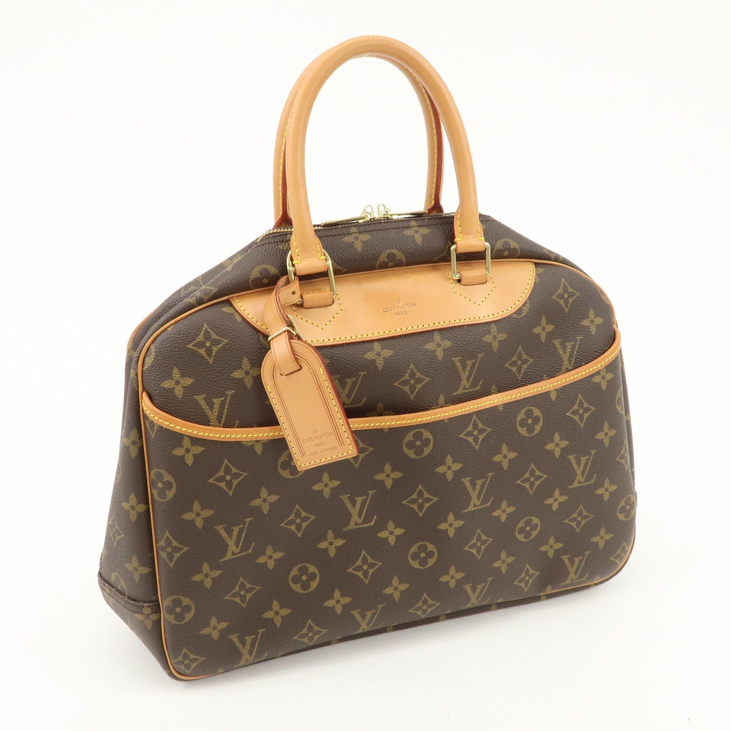 Louis Vuitton Leather Canvas Monogram Deauville Hand Bag Boston Bag Brown Gold Hardware M47270