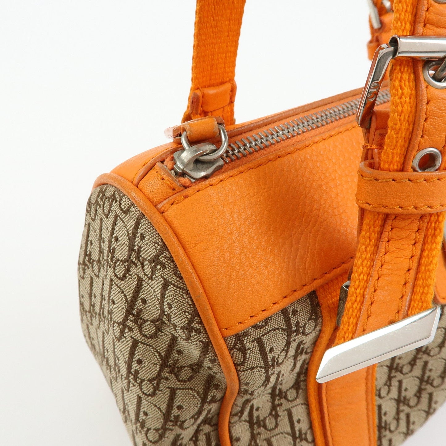 Christian Dior Trotter Canvas Leather Boston Hand Bag Beige Orange