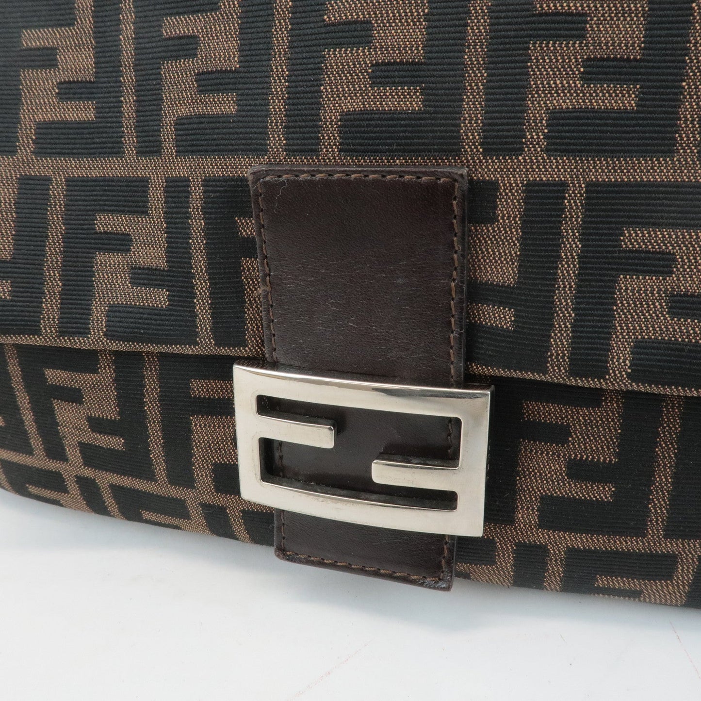 FENDI Mamma Baguette Canvas Leather Shoulder Bag Silver HDW 26325