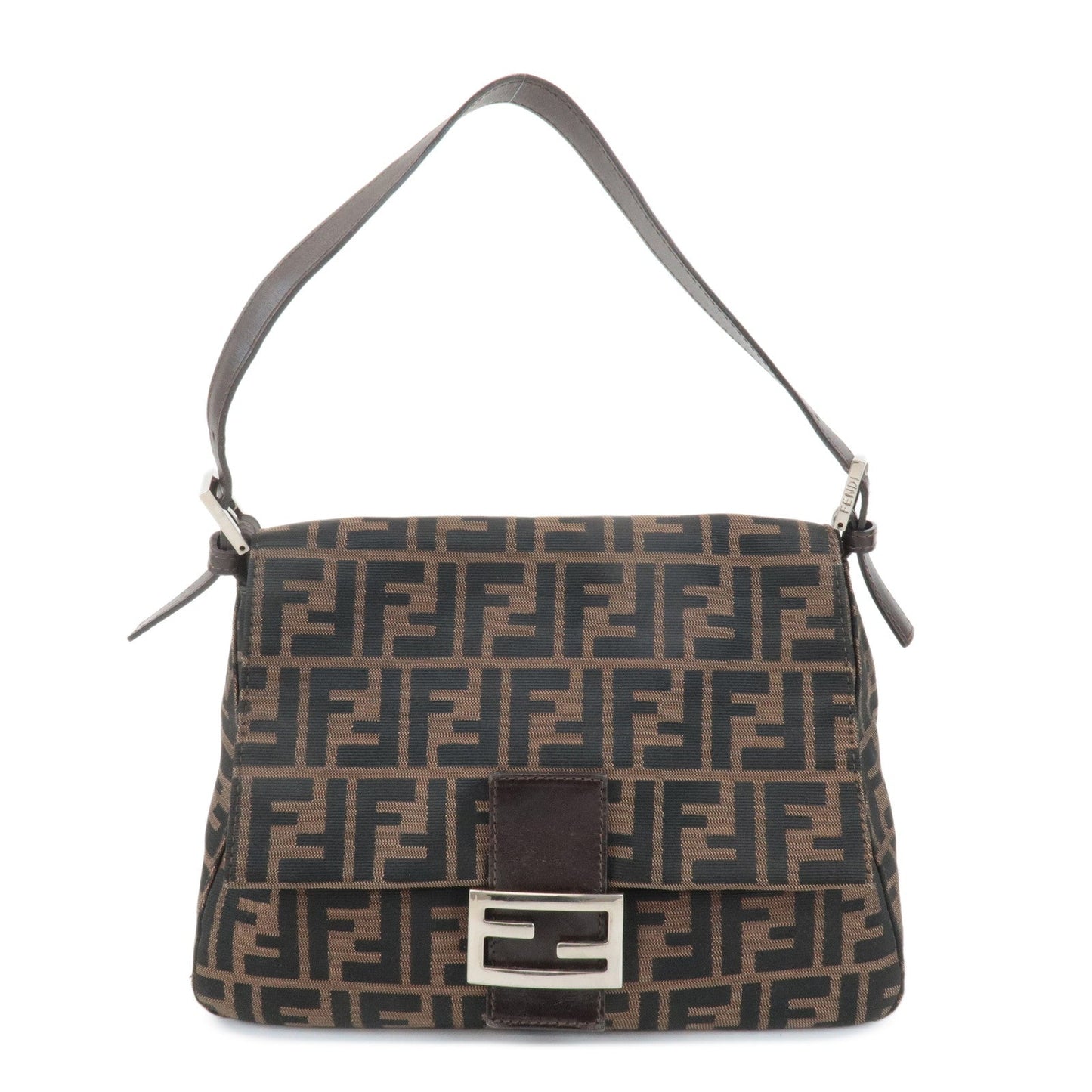 FENDI Mamma Baguette Canvas Leather Shoulder Bag Silver HDW 26325