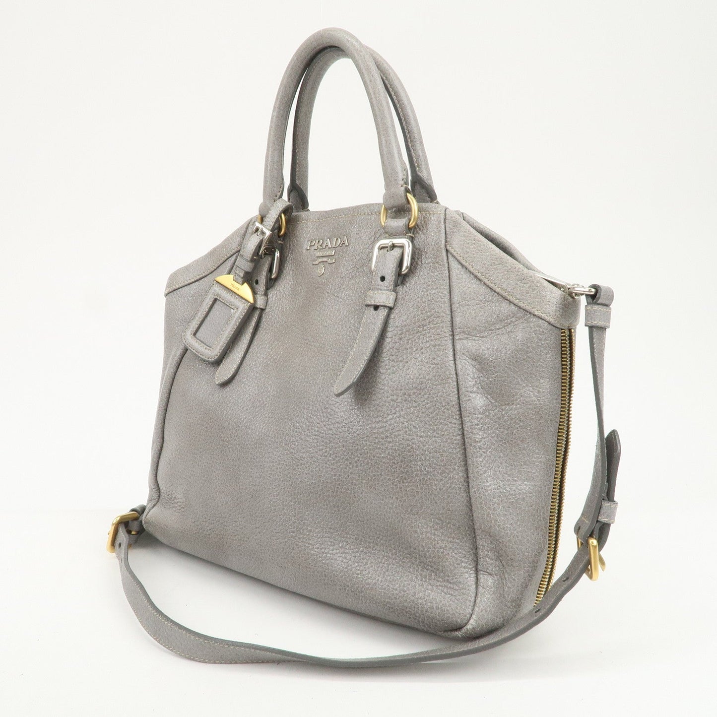 PRADA Logo Leather 2Way Bag Hand Bag Shoulder Bag Gray BN1695