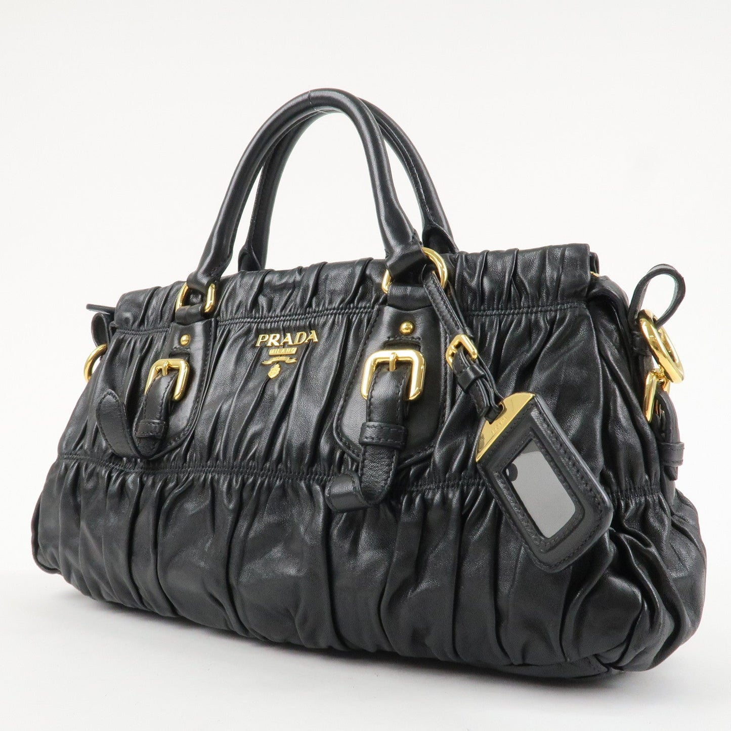 PRADA Logo Leather 2WAY Tote Bag Hand Bag Black Gold HDW B11091